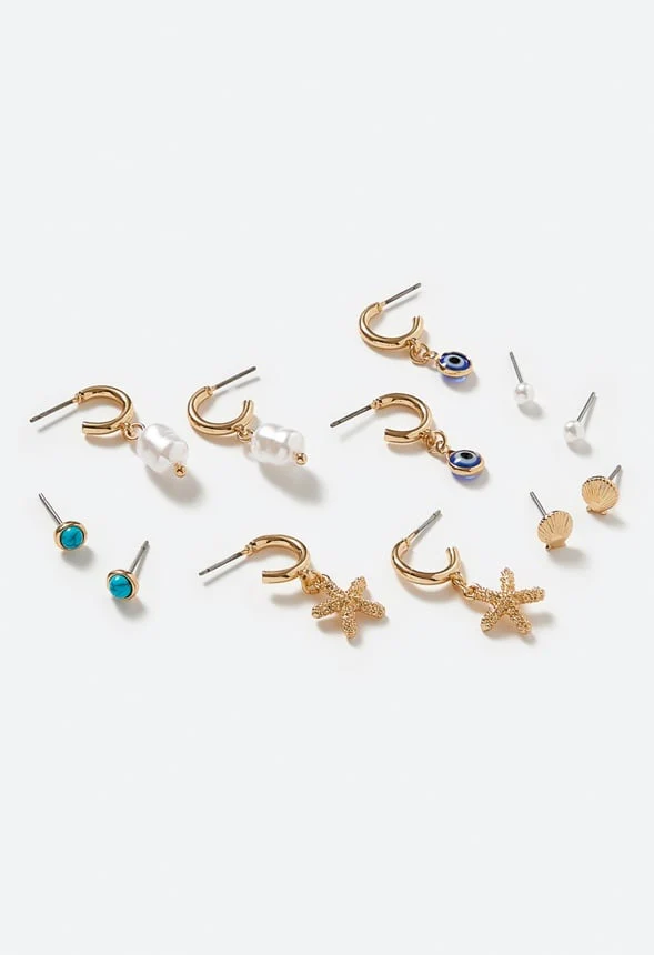 6-Pairs Pack Fay Mix Shell And Evil Eye Earrings - Image 2