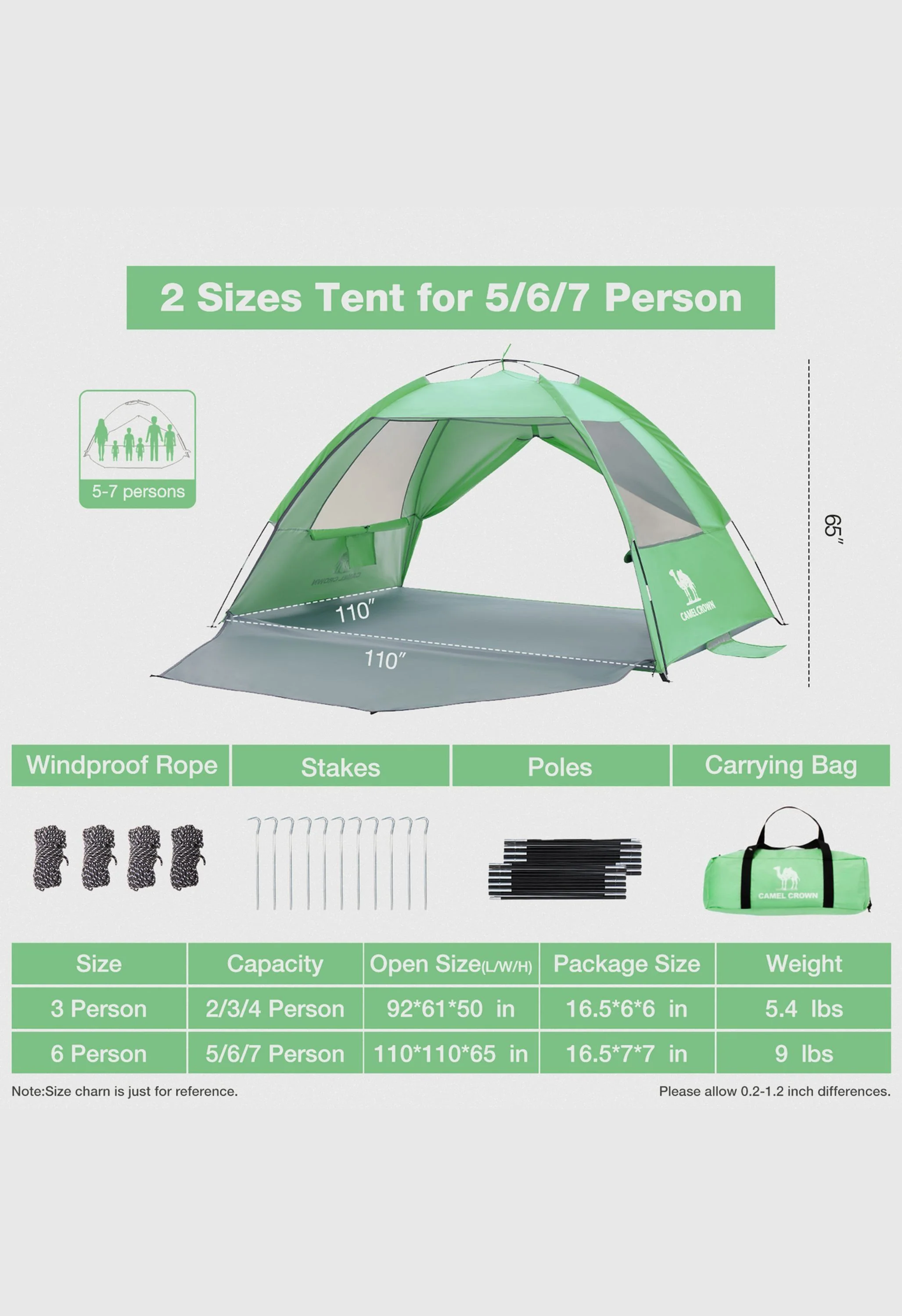 CAMEL CROWN  UPF 50+ Sun Shelter for 3 Person Lightweight Outdoor Adventures Beach Tent - Image 9