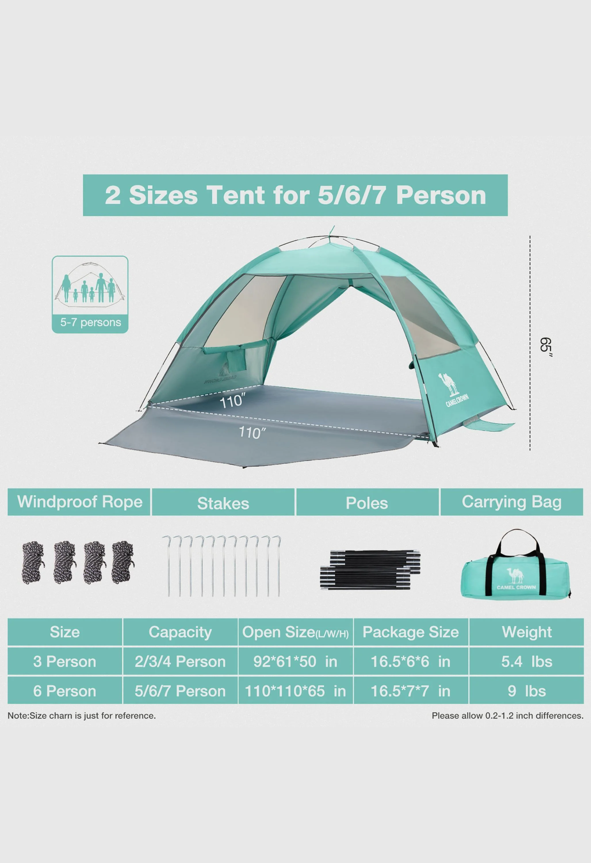 CAMEL CROWN  UPF 50+ Sun Shelter for 3 Person Lightweight Outdoor Adventures Beach Tent - Image 9