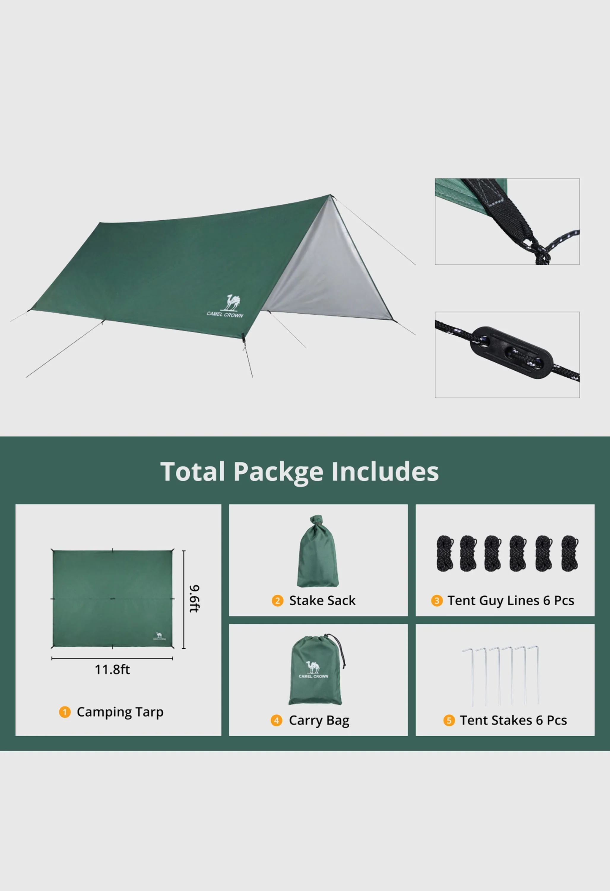 CAMEL CROWN Waterproof  Lightweight Hiking Backpacking Beach Picnic Shade Camping Tarp - Image 3