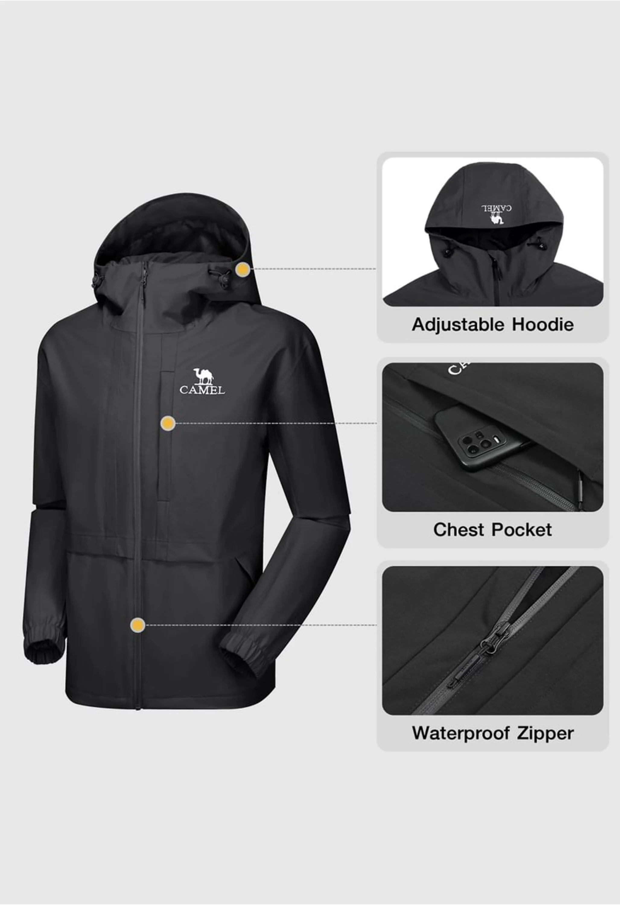 Men's Hiking Black Regular Fit Short Lightweight Waterproof Windproof Jacket - Image 3