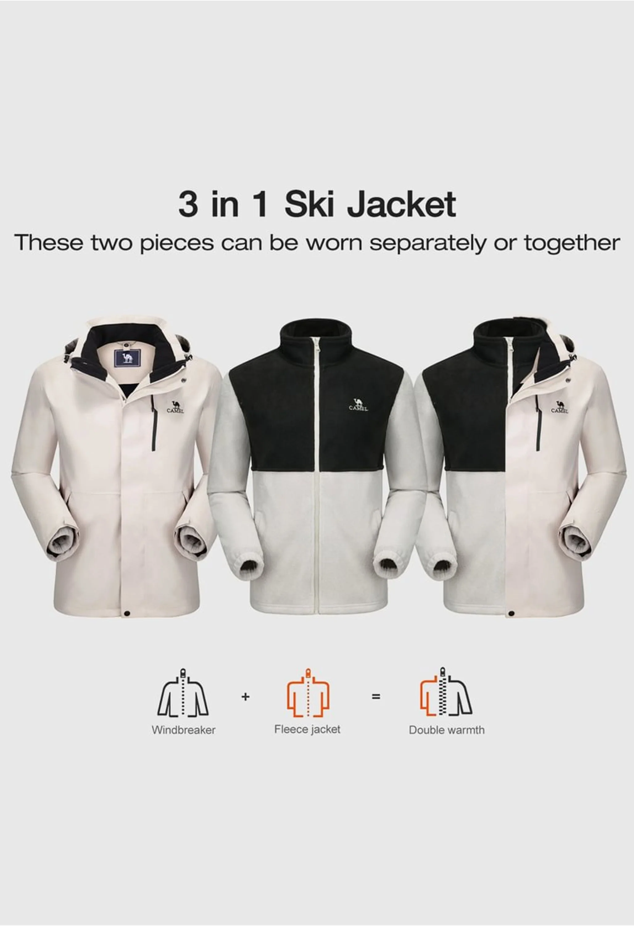 Men's Ski Gray Regular Fit Short Waterproof Windproof 3 in 1 Jacket - Image 4
