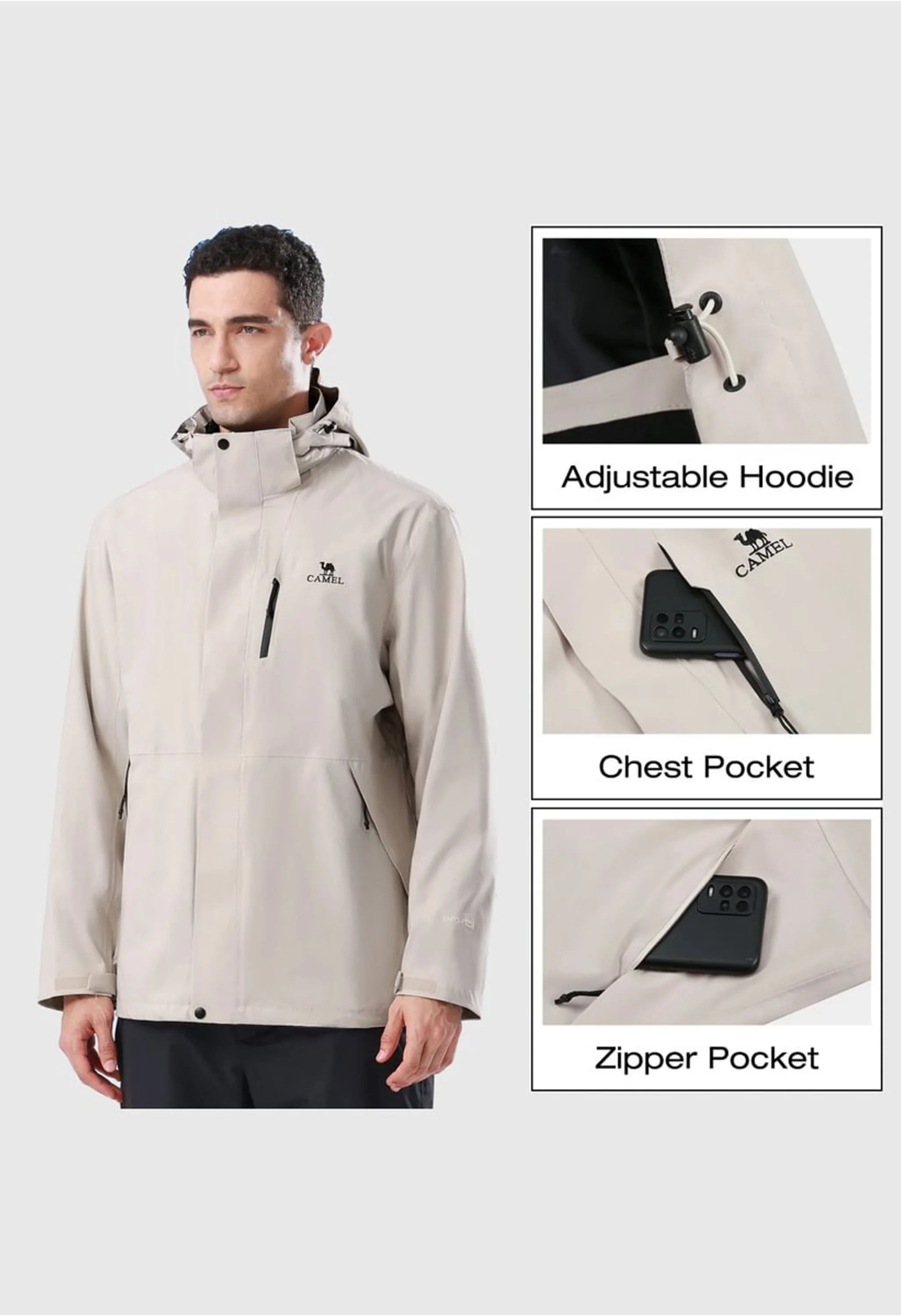 Men's Ski Gray Regular Fit Short Waterproof Windproof 3 in 1 Jacket - Image 6