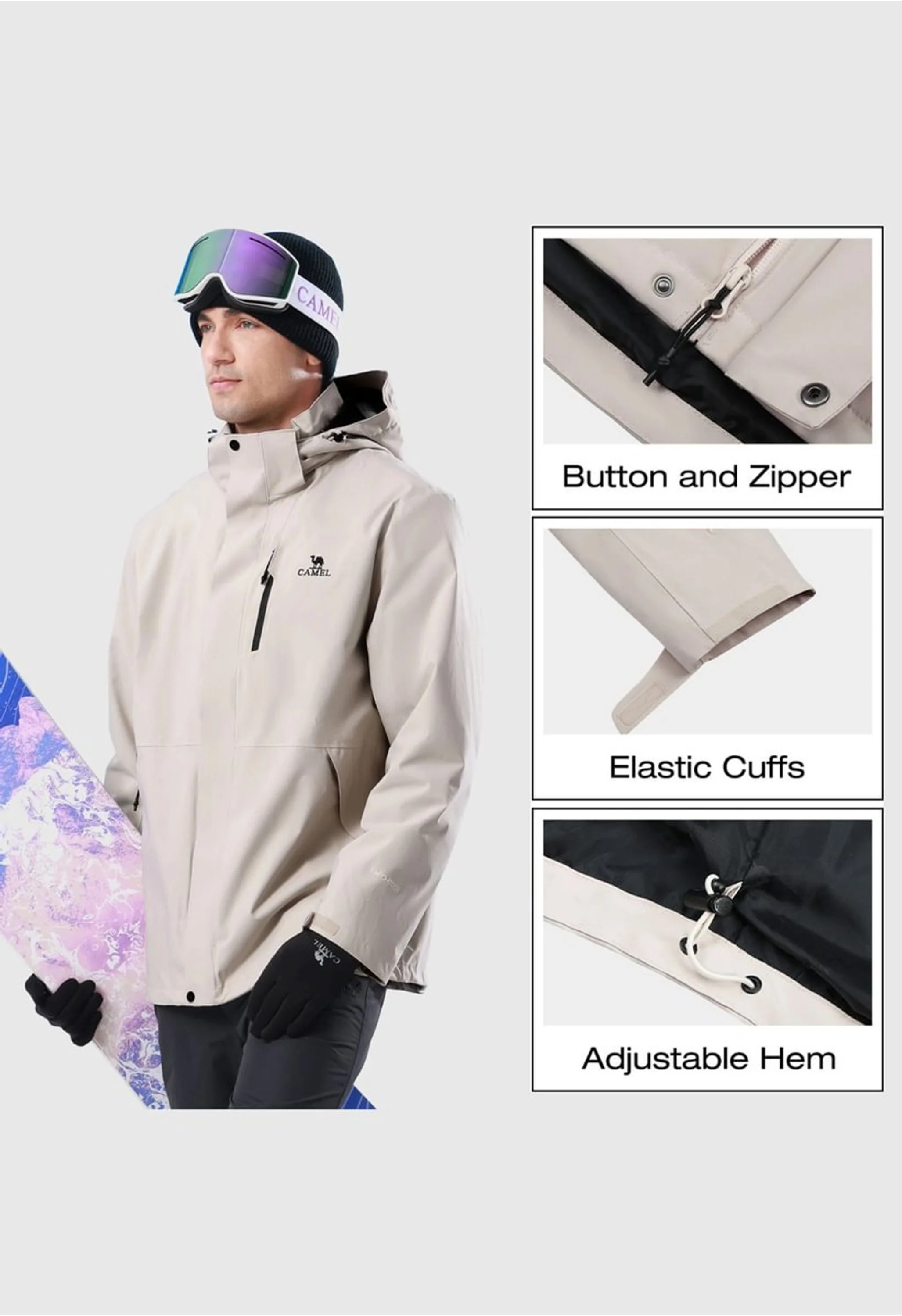 Men's Ski Gray Regular Fit Short Waterproof Windproof 3 in 1 Jacket - Image 7