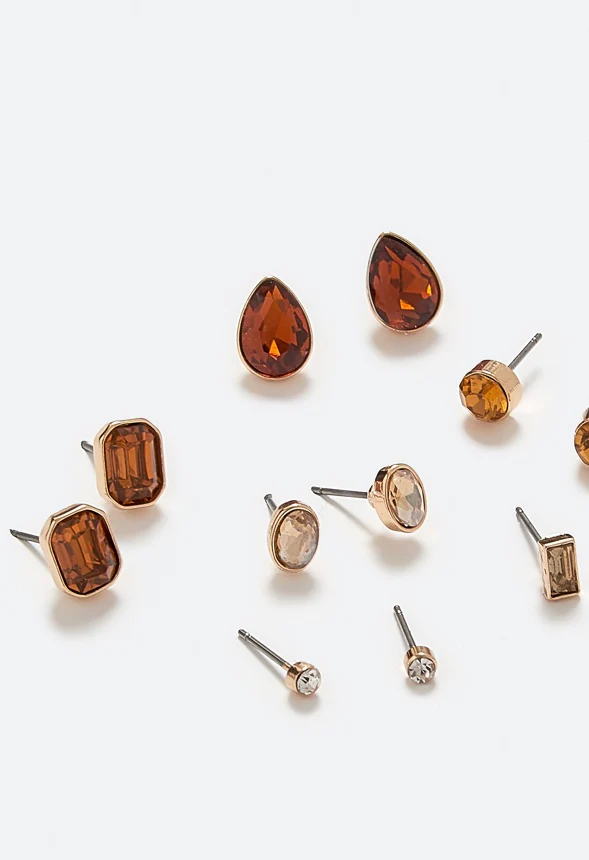 Adah 6 Pairs Mixed Shape Glass Stud Earrings In Topaz Stones - Image 4
