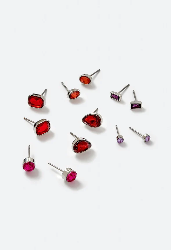 Adah 6 Pairs Mixed Shape Glass Stud Earrings In Berry Tones - Image 3