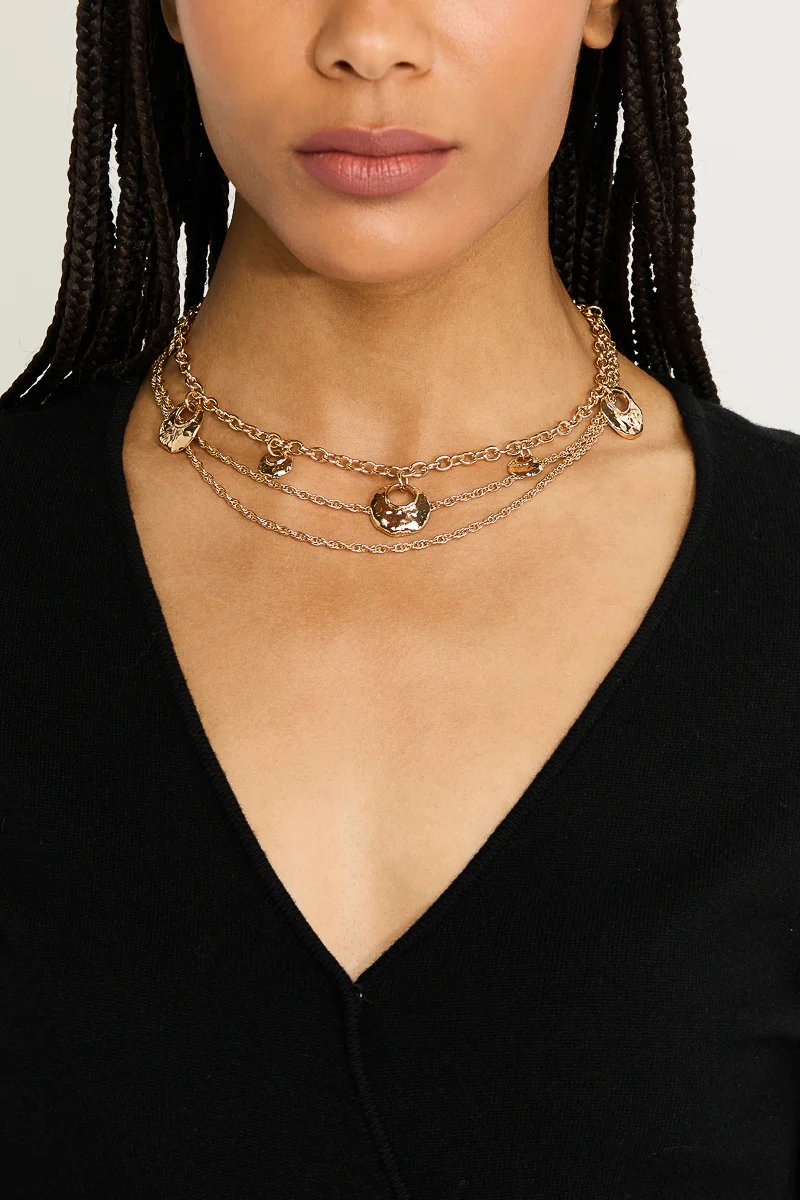 Aila 3 Row Layered Chain Necklace with Hammered Coins - Image 2