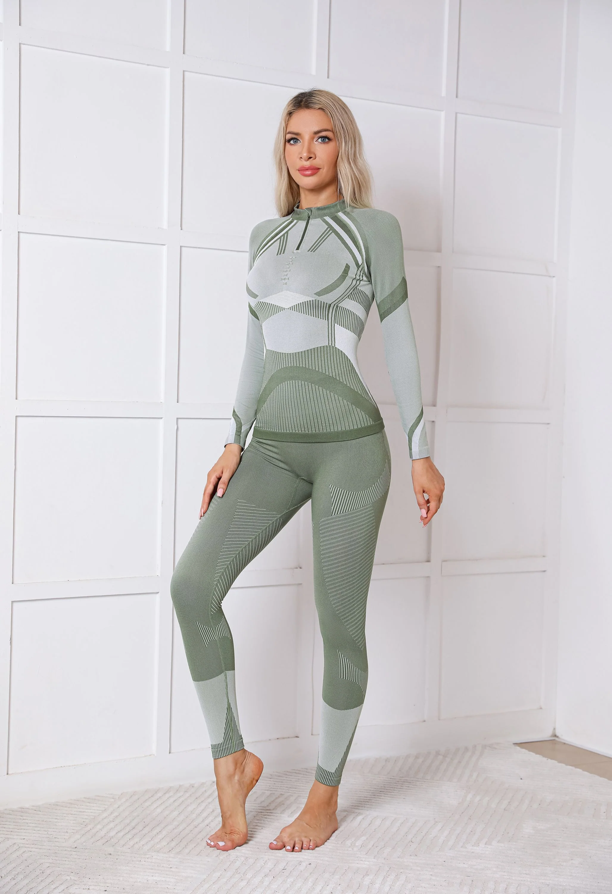 Women Seamless Half Zip Thermal Underwear Set - Image 8
