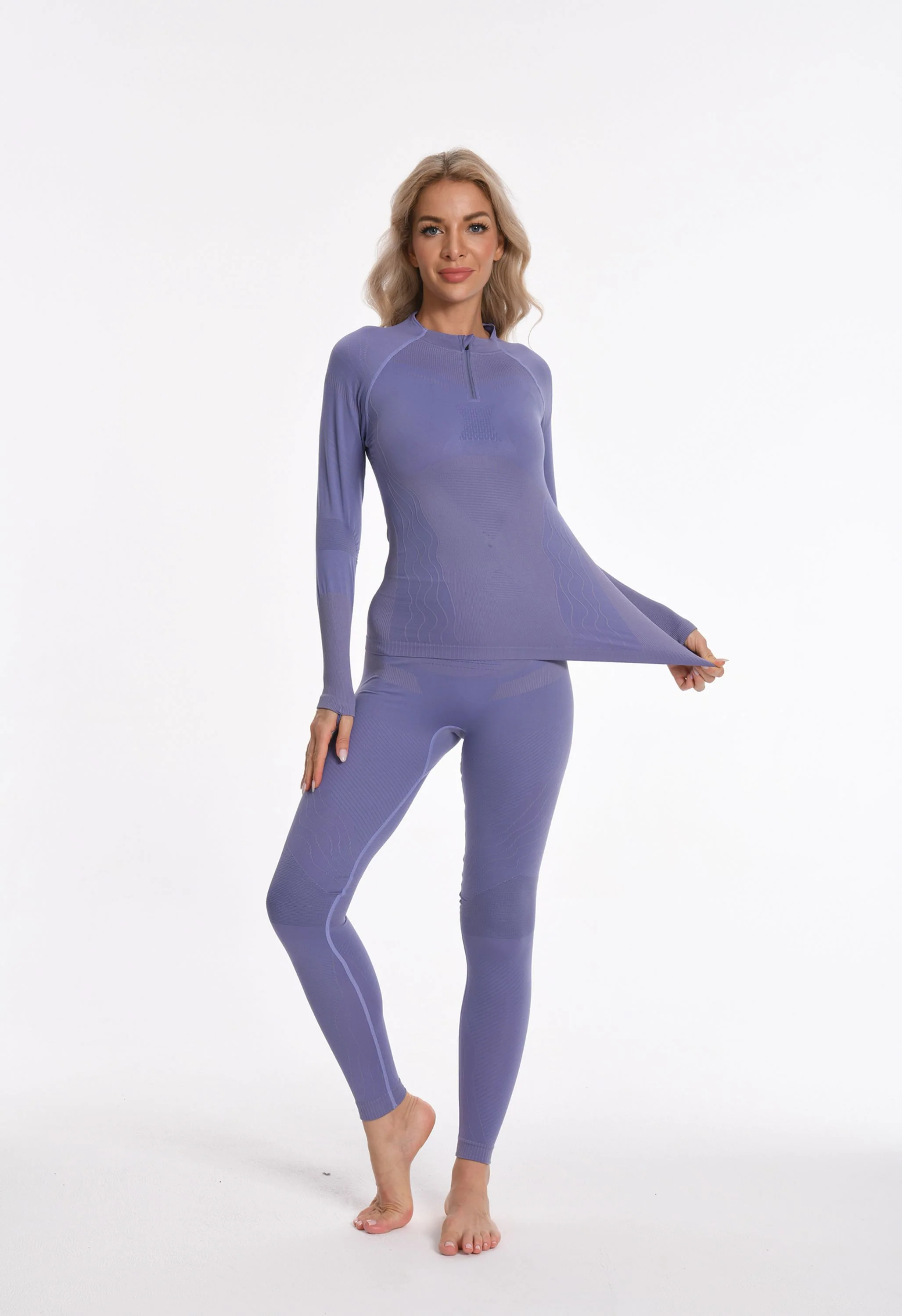 Women Seamless Quarter Zip Thermal Underwear Set - Image 12