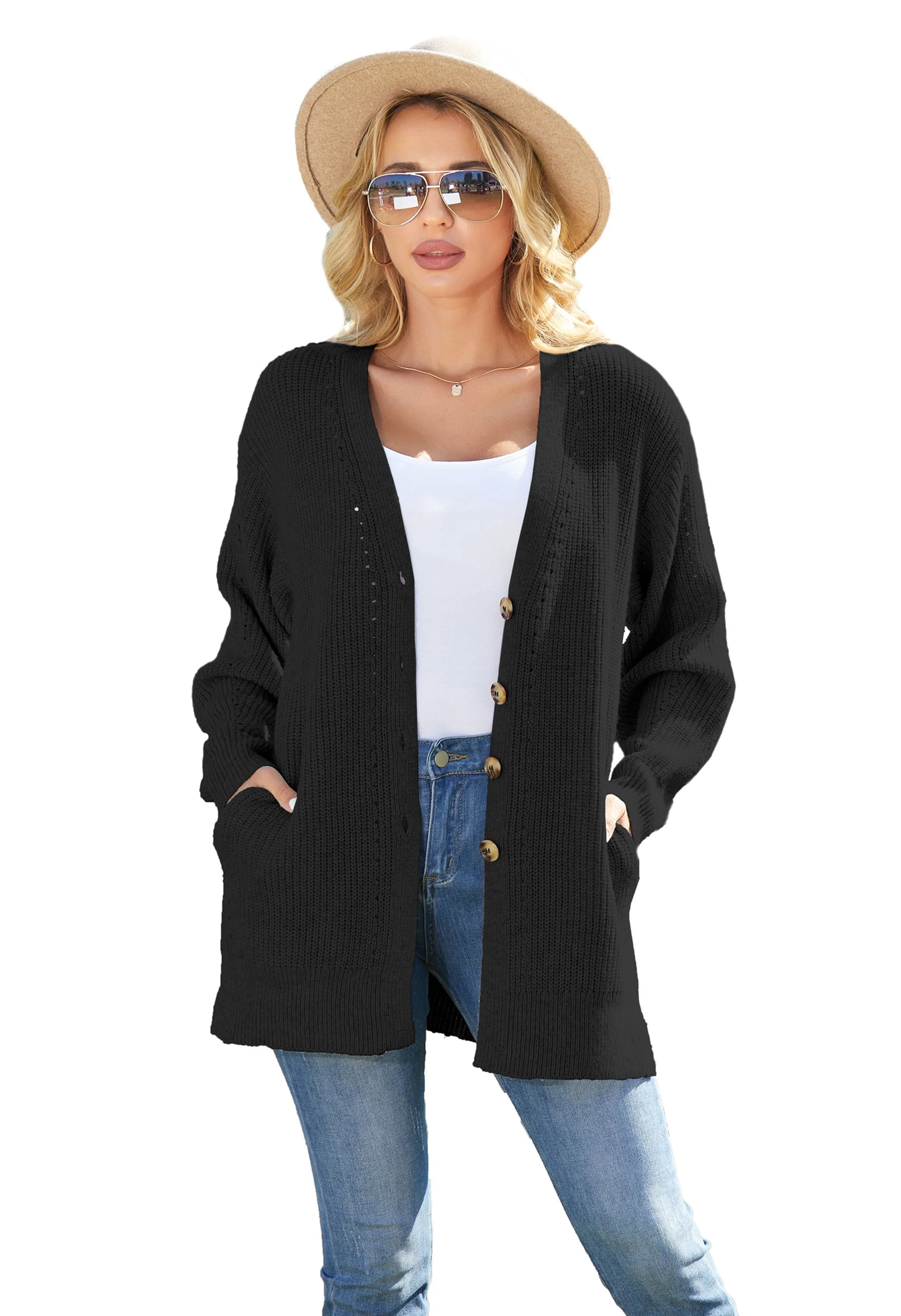 Women's V-Neck Button Front Gray Sweater - Image 12