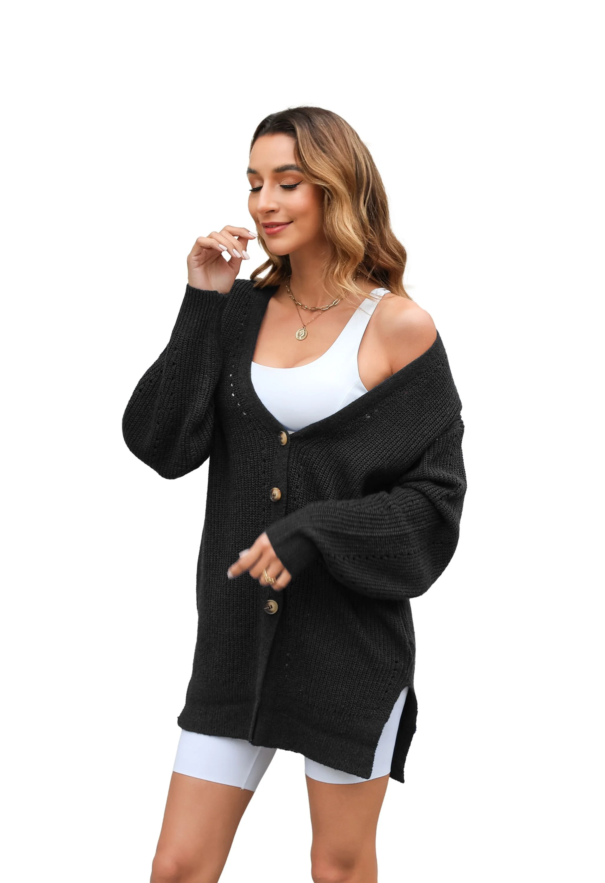 Women's V-Neck Button Front Gray Sweater - Image 13