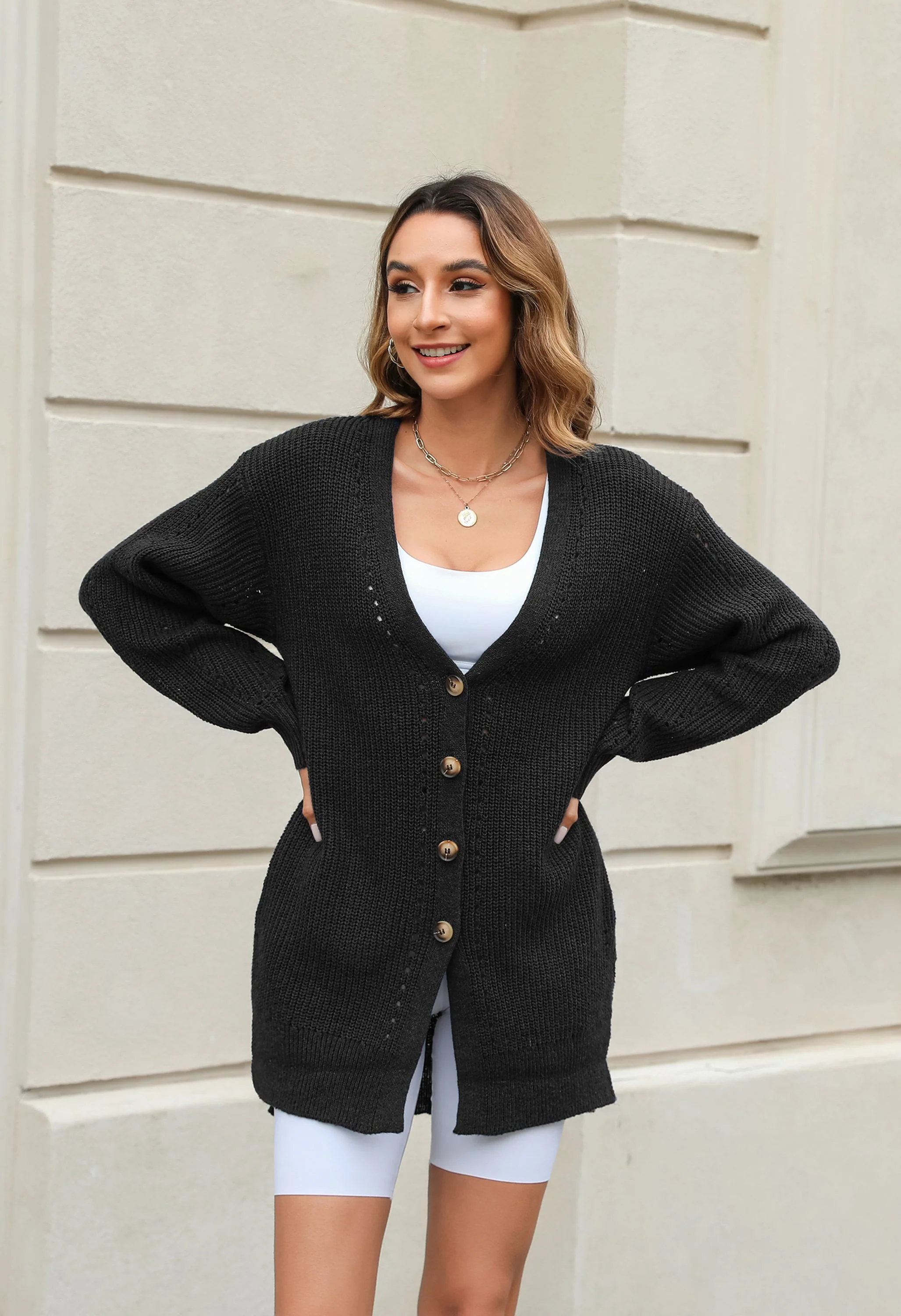 Women's V-Neck Button Front Gray Sweater - Image 2