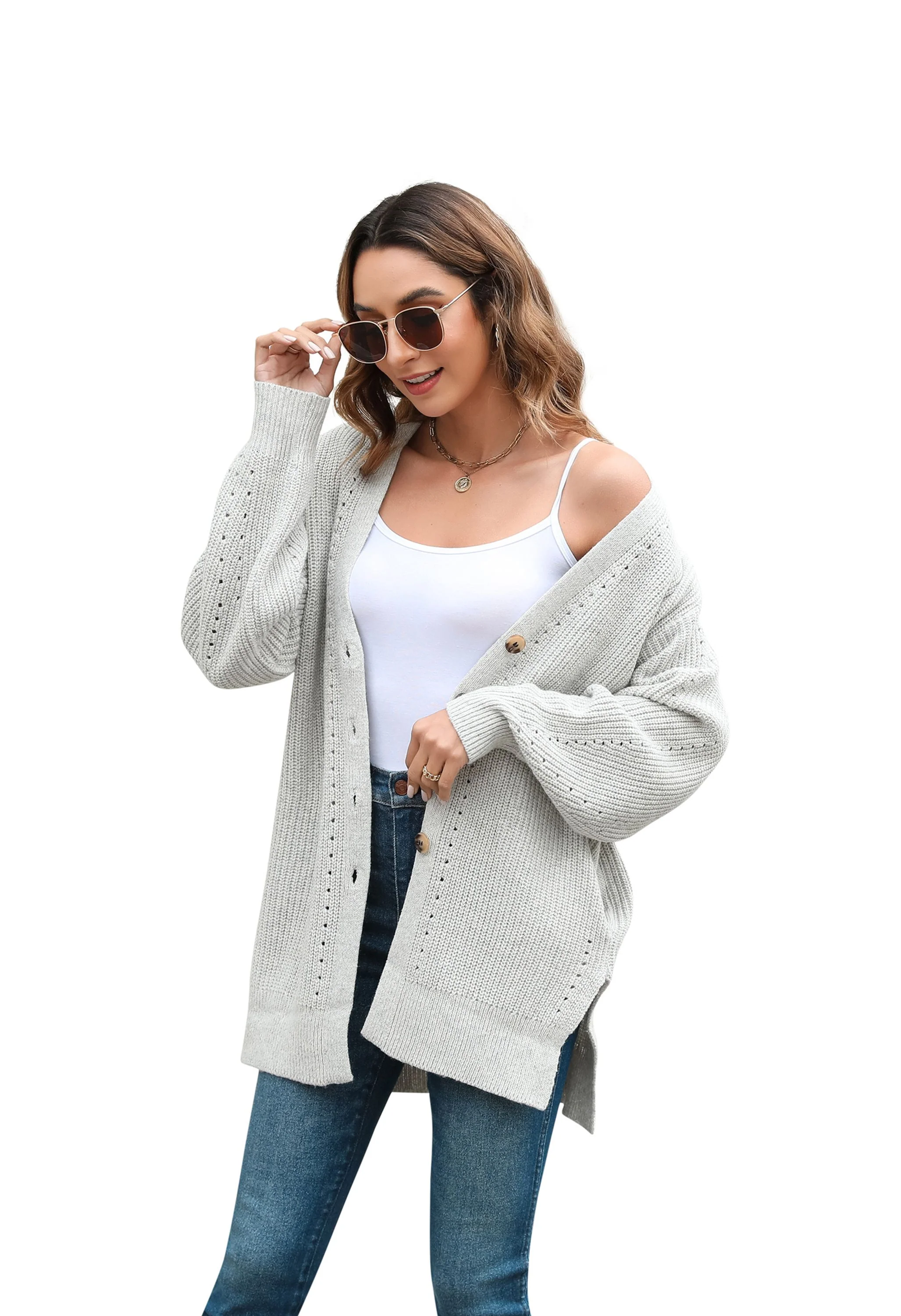 Women's V-Neck Button Front Gray Sweater - Image 13
