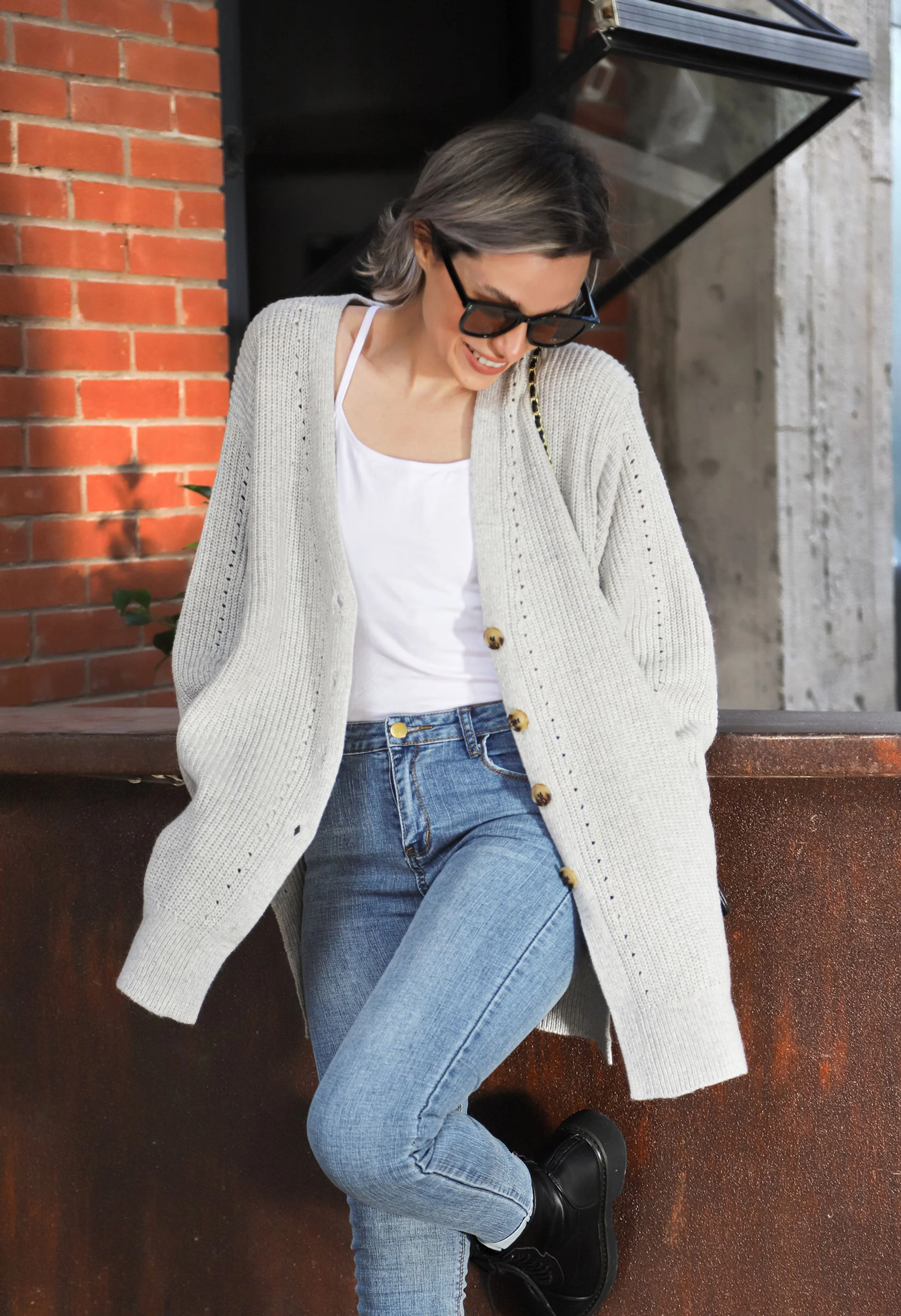 Women's V-Neck Button Front Gray Sweater - Image 2