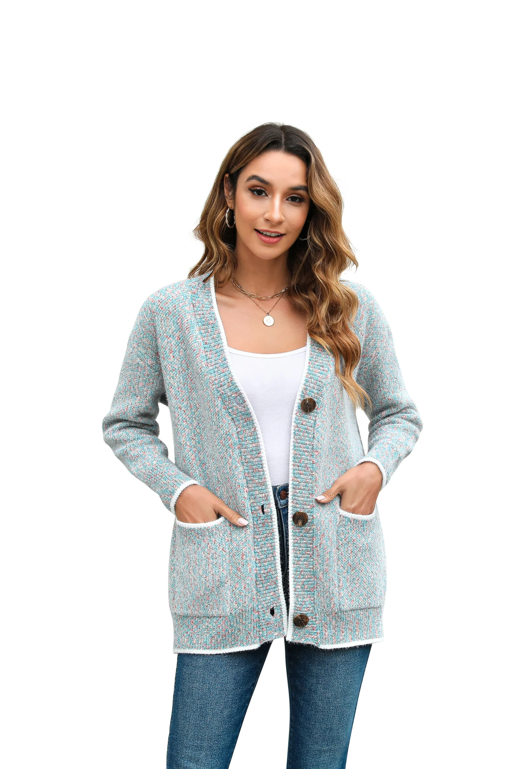Women's Pink V-Neck Button Front Sweater - Image 11