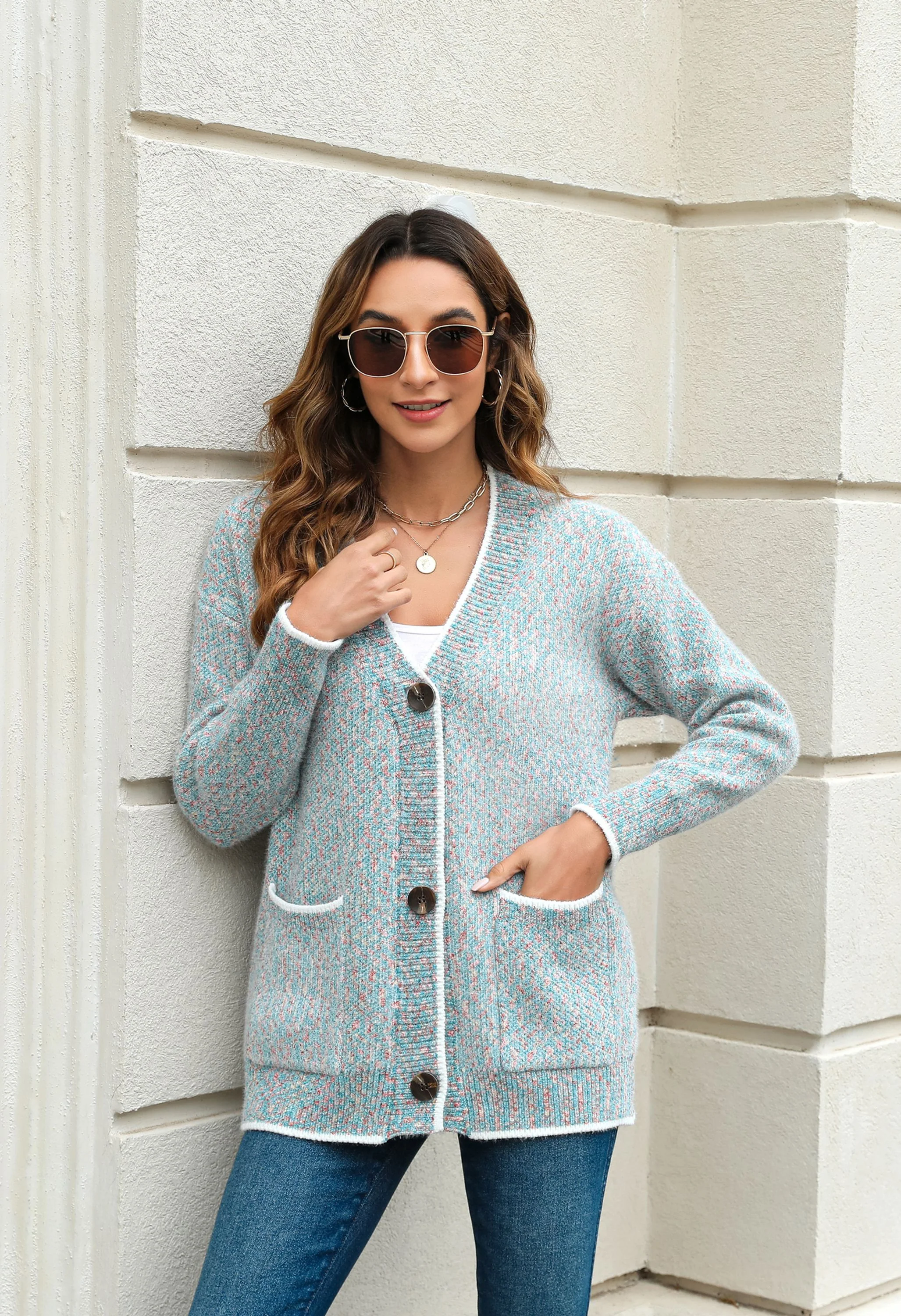 Women's Pink V-Neck Button Front Sweater - Image 3