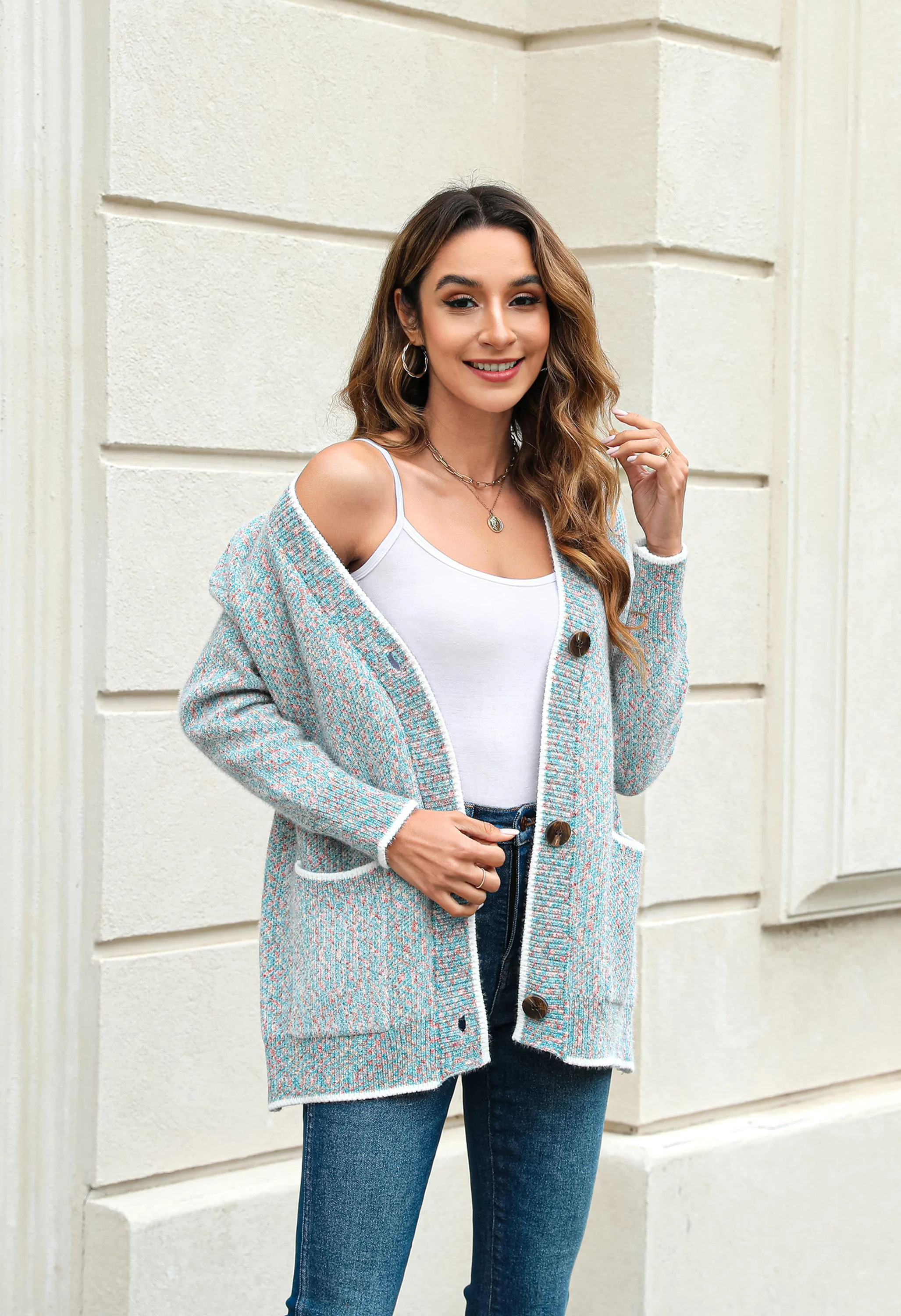 Women's Pink V-Neck Button Front Sweater - Image 6