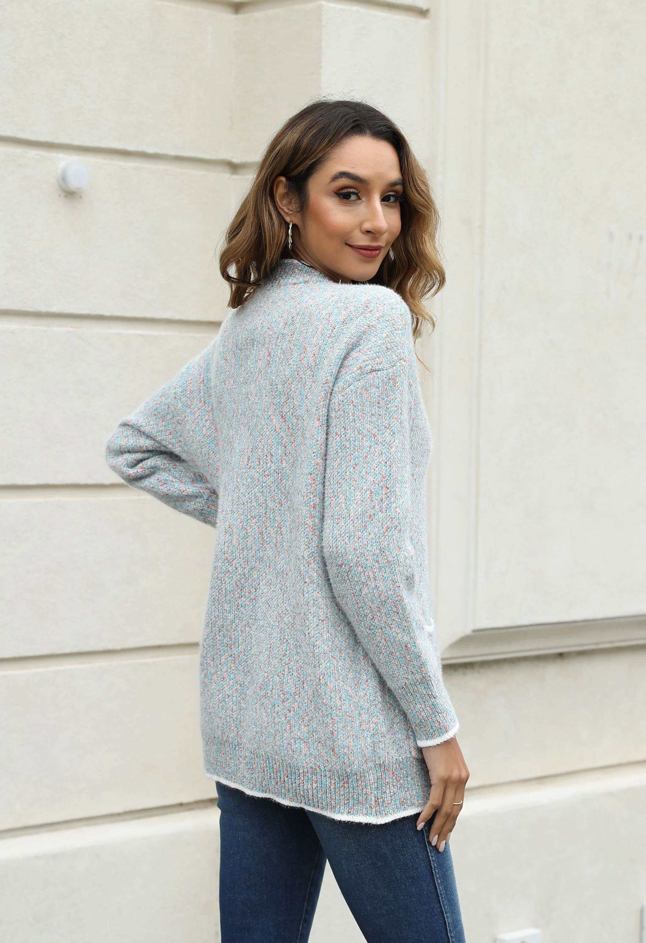 Women's Pink V-Neck Button Front Sweater - Image 7