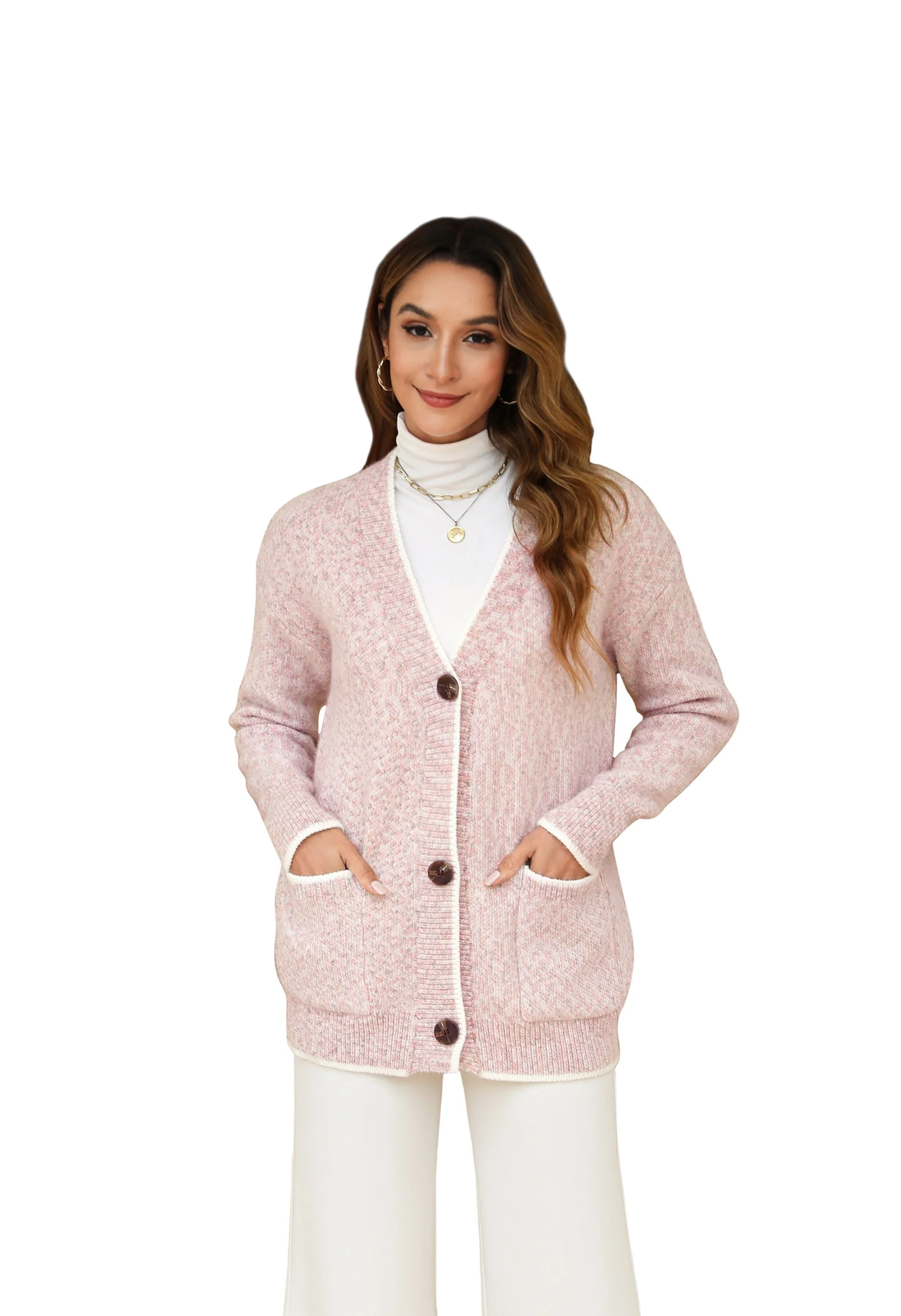 Women's Pink V-Neck Button Front Sweater - Image 11