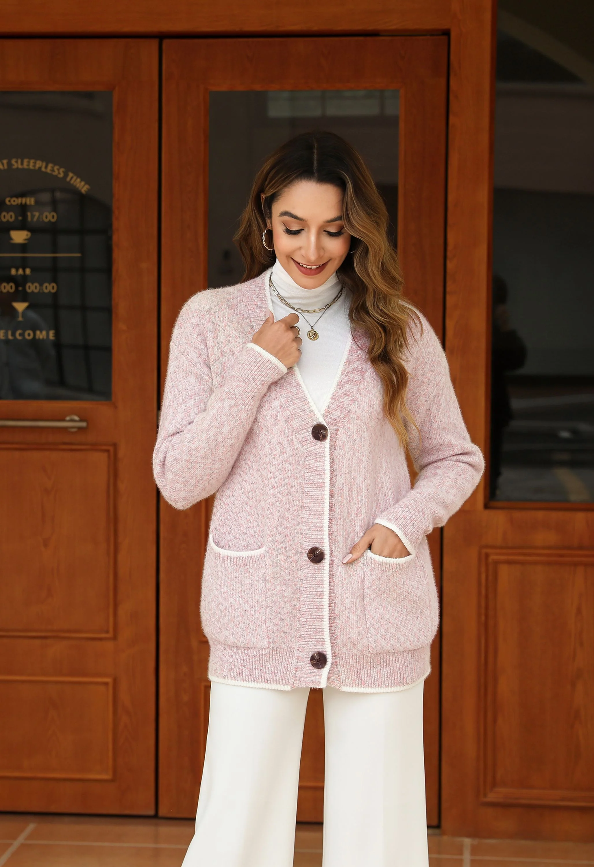 Women's Pink V-Neck Button Front Sweater - Image 2