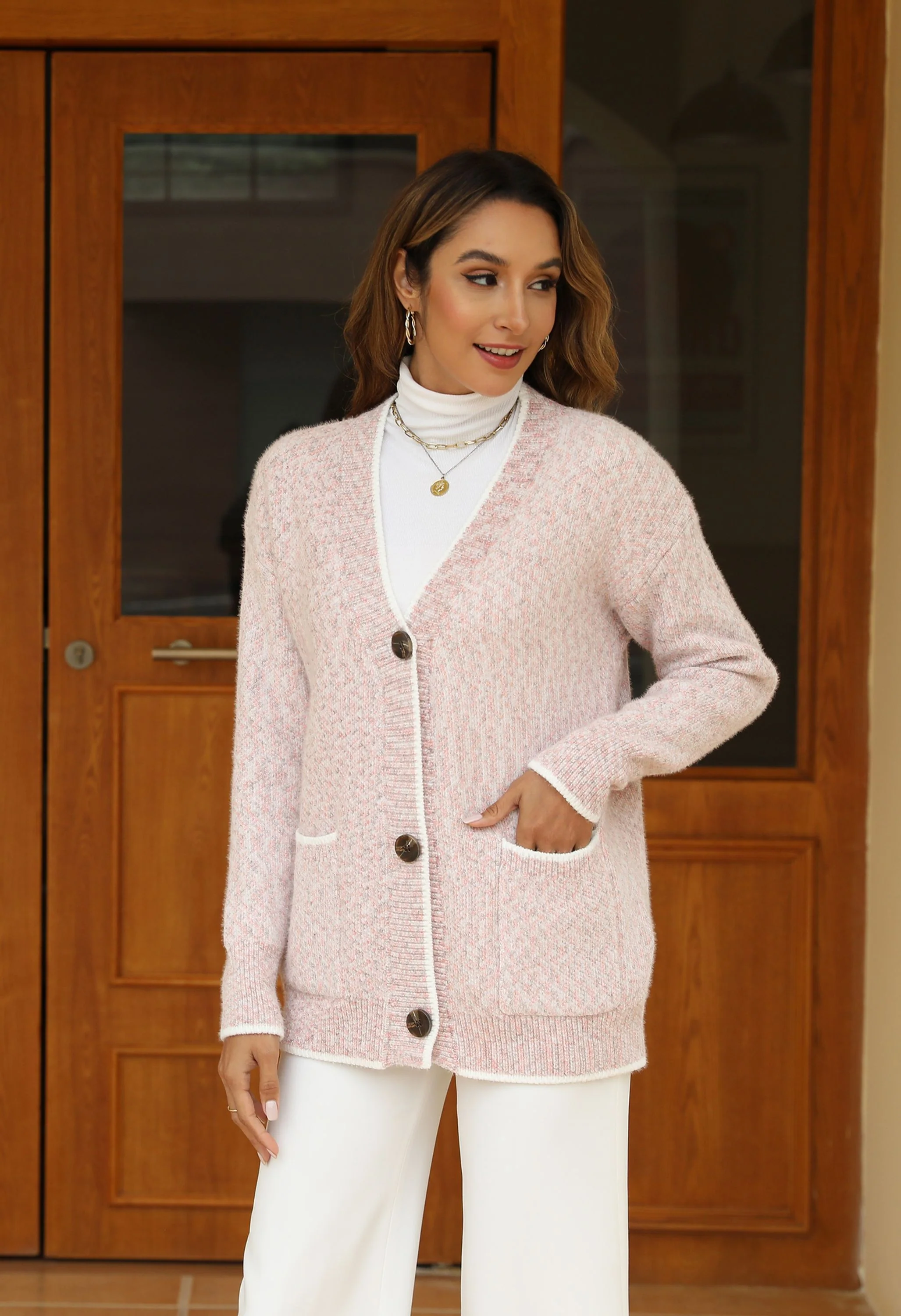 Women's Pink V-Neck Button Front Sweater - Image 5