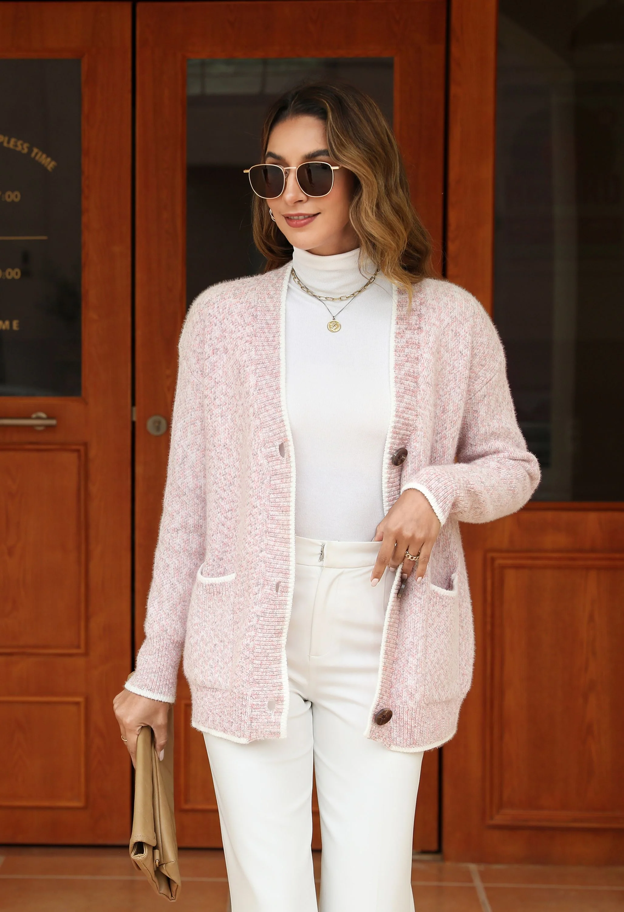 Women's Pink V-Neck Button Front Sweater - Image 6