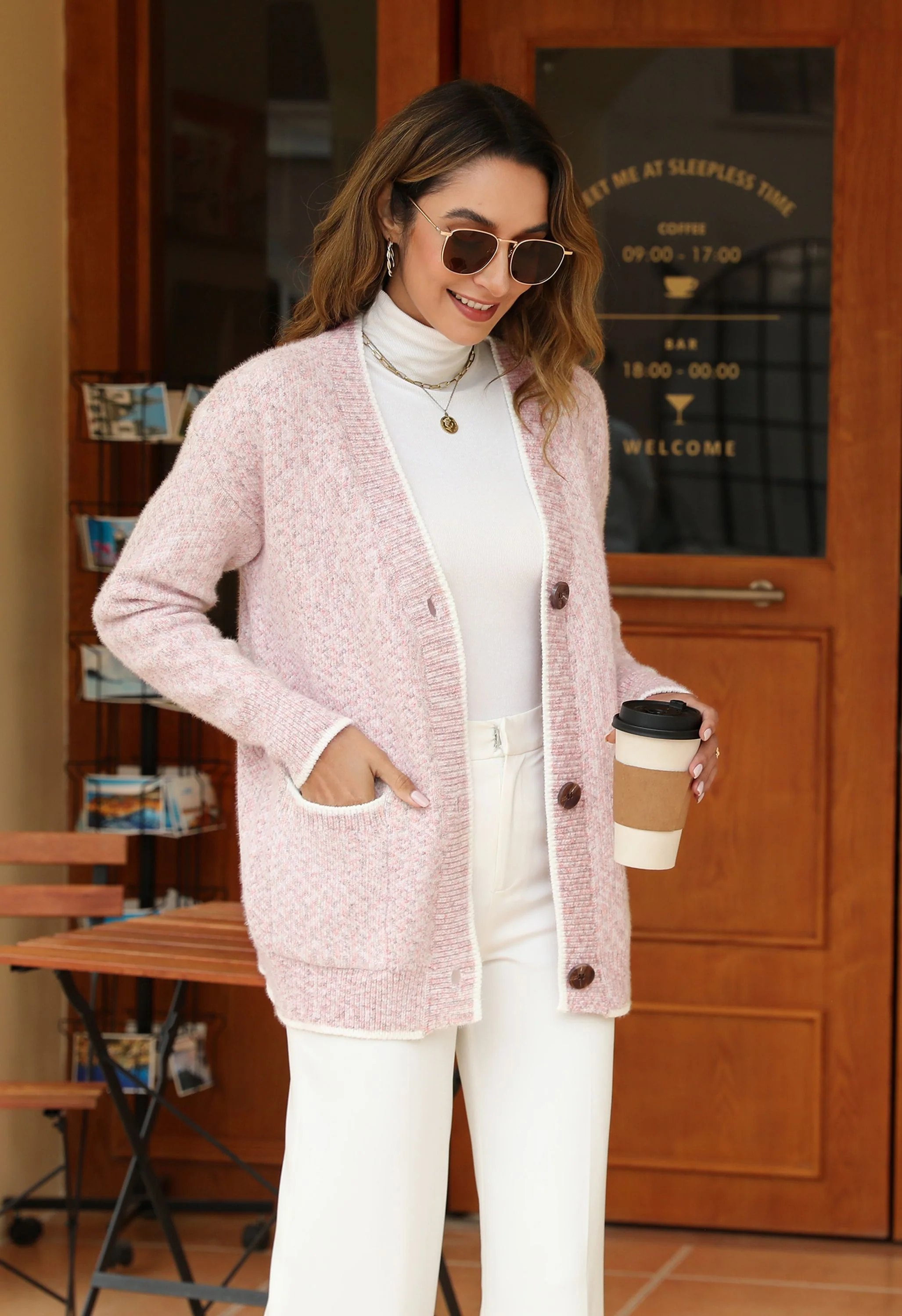 Women's Pink V-Neck Button Front Sweater - Image 7