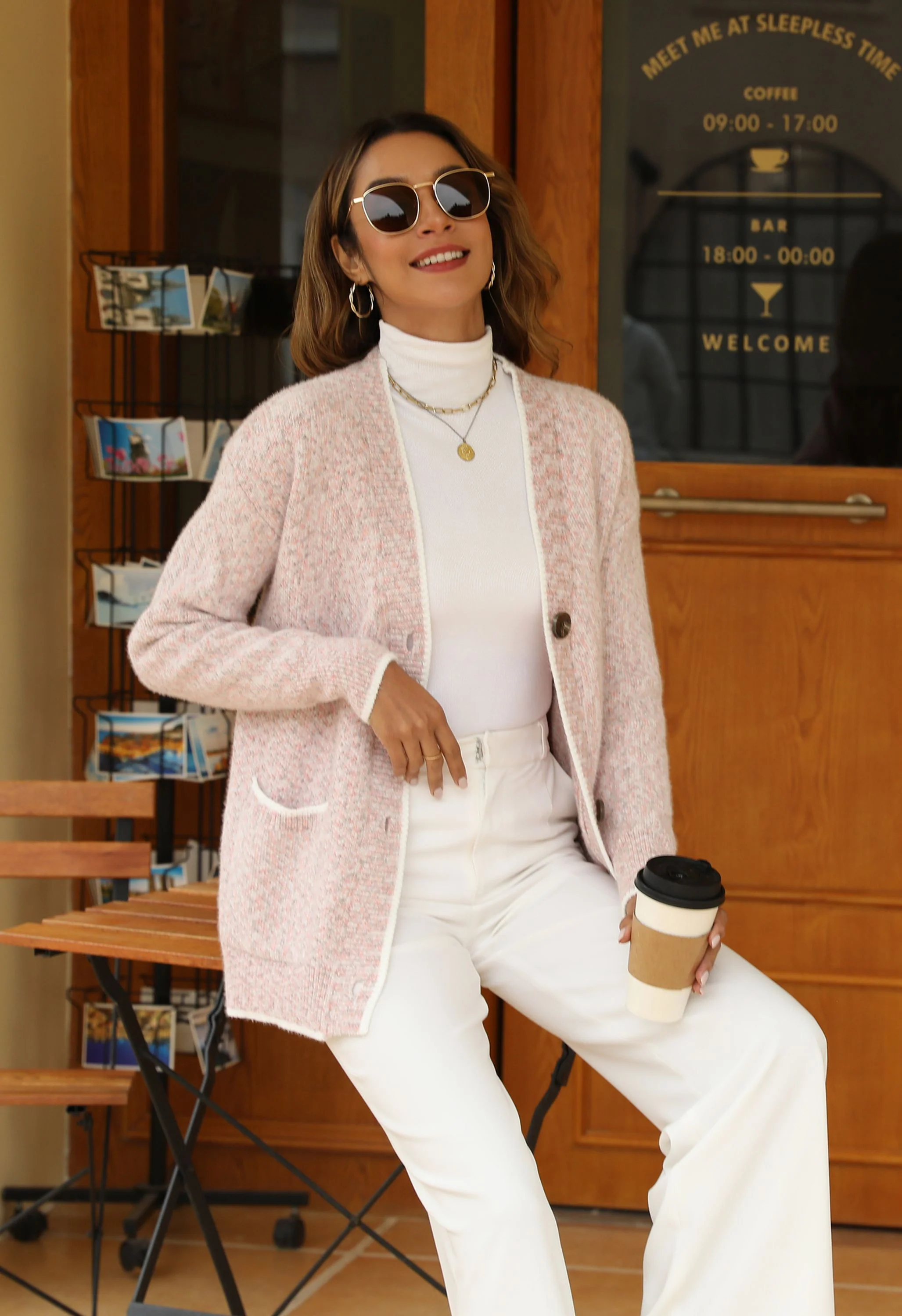 Women's Pink V-Neck Button Front Sweater - Image 8