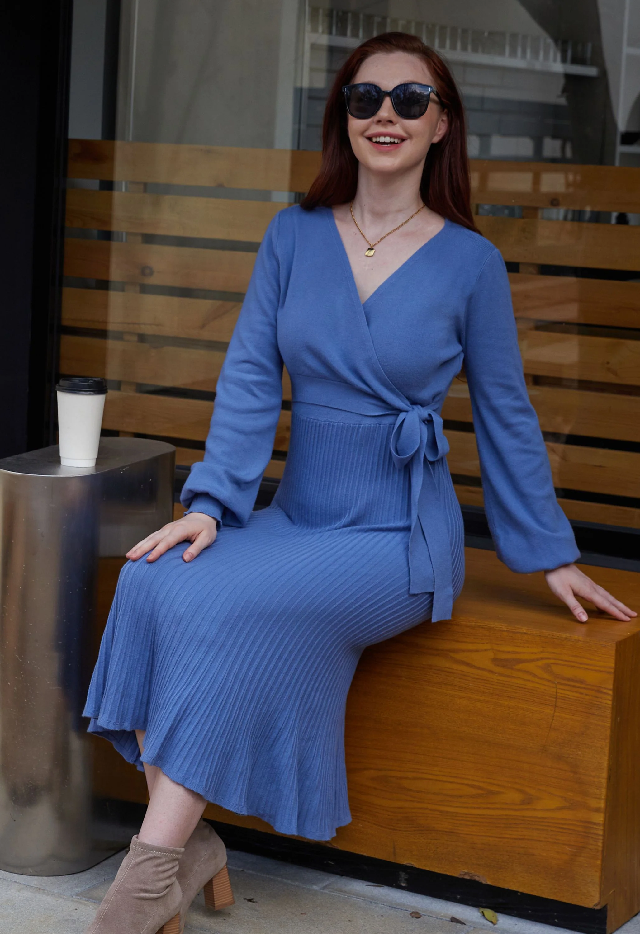 Women's Maternity Knitted Dress Long Sleeve V-Neck Belted Blue Midi Dress - Image 2