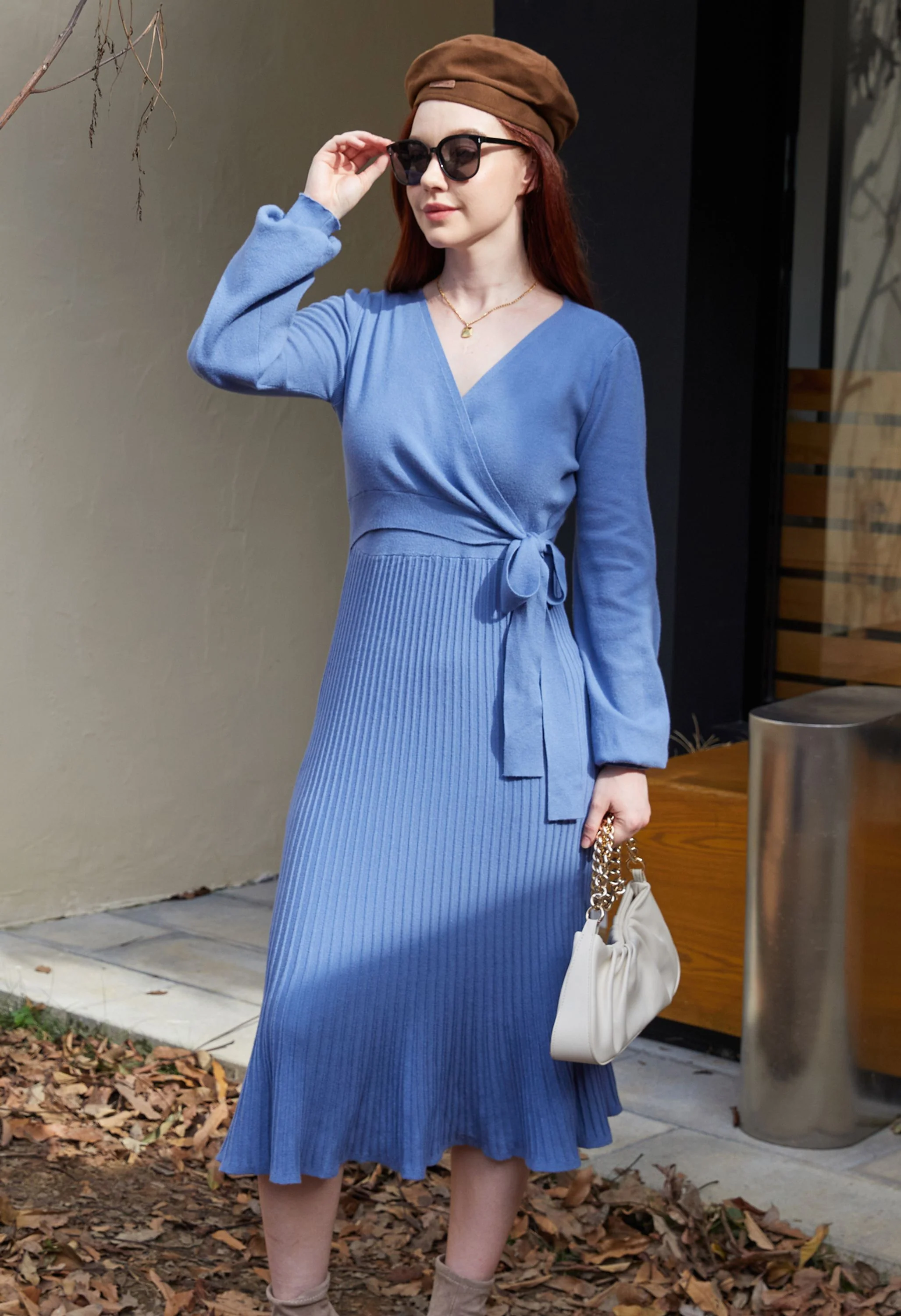 Women's Maternity Knitted Dress Long Sleeve V-Neck Belted Blue Midi Dress - Image 3