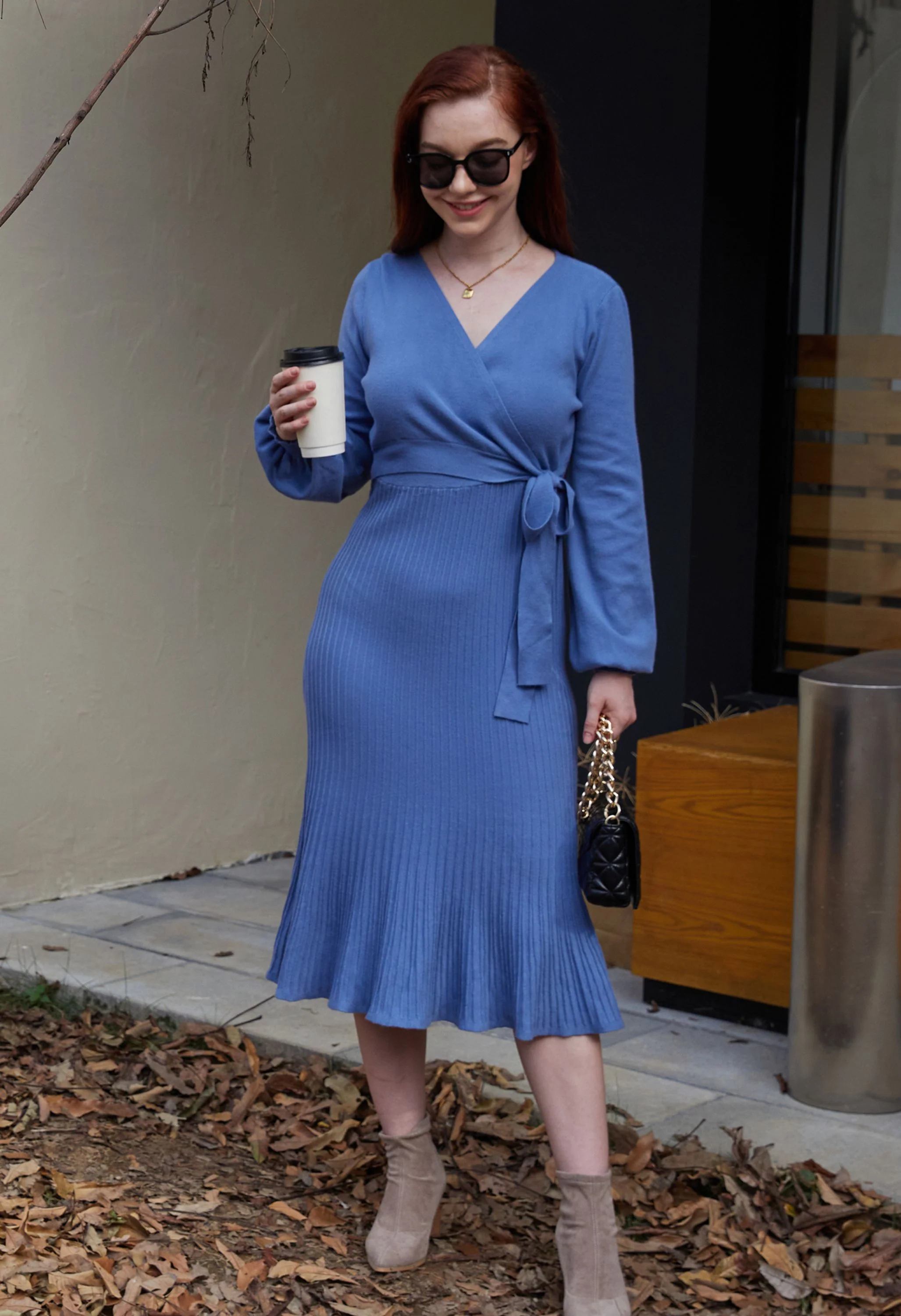 Women's Maternity Knitted Dress Long Sleeve V-Neck Belted Blue Midi Dress - Image 4