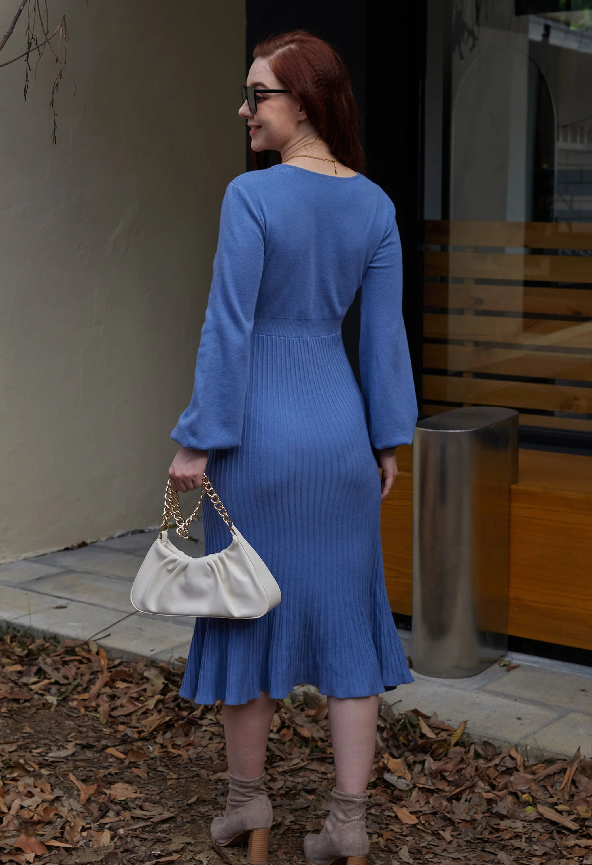 Women's Maternity Knitted Dress Long Sleeve V-Neck Belted Blue Midi Dress - Image 6