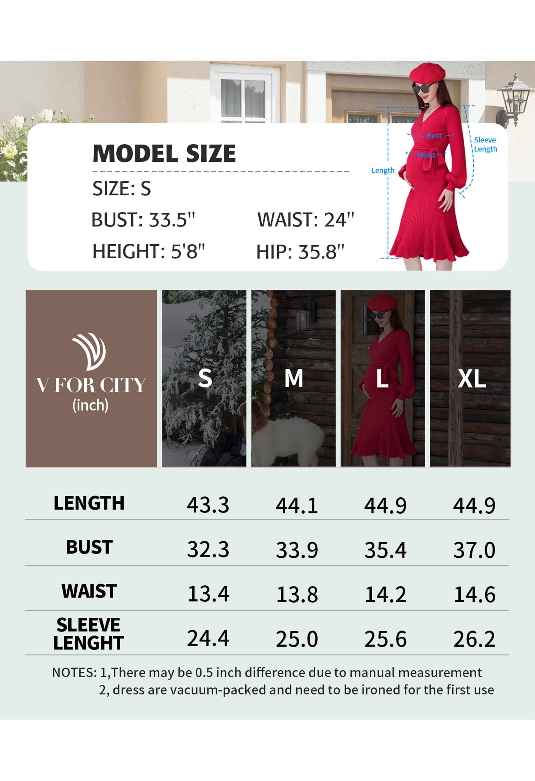 Women's Maternity Knitted Dress Long Sleeve V-Neck Belted Blue Midi Dress - Image 7