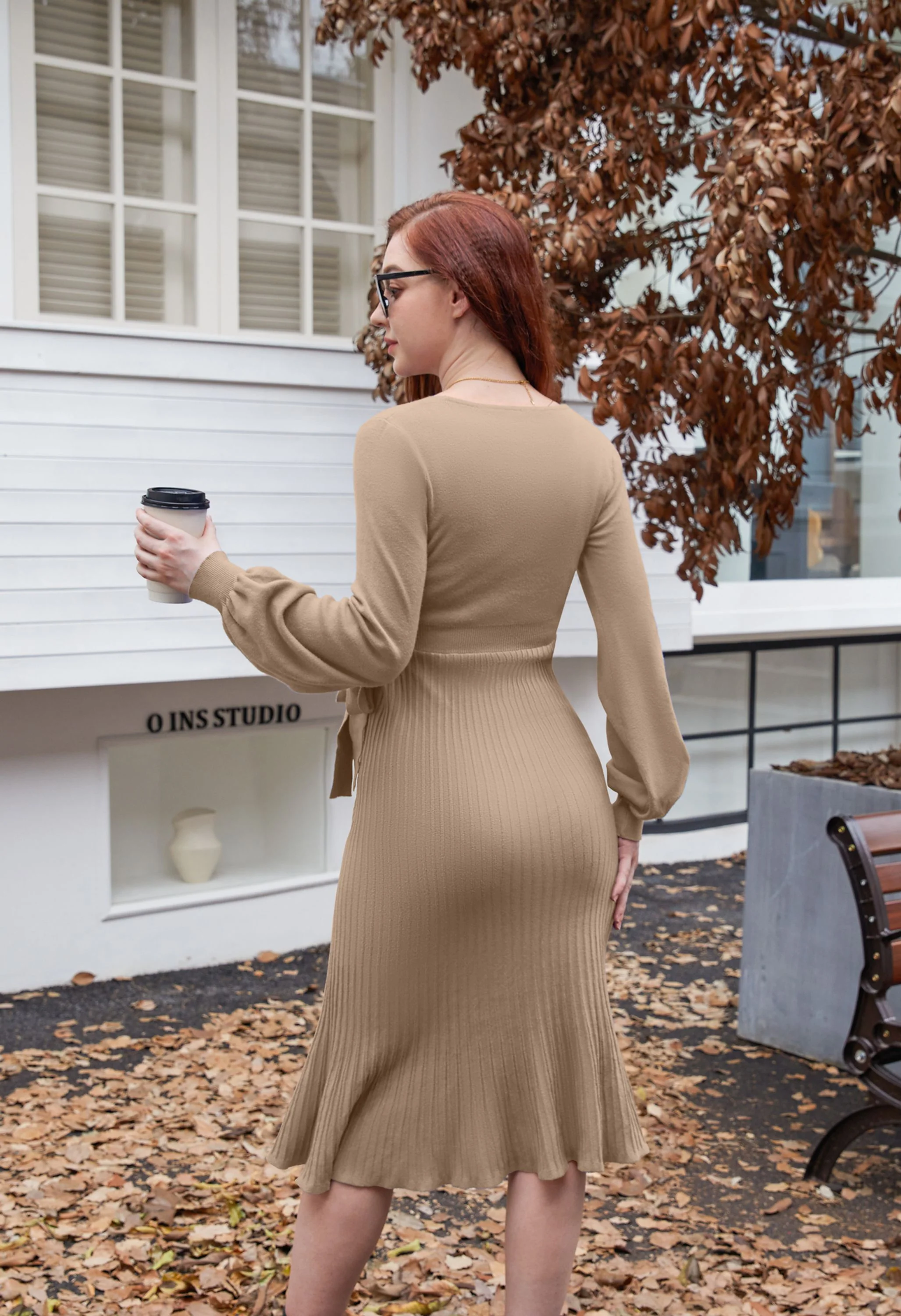 Women's Maternity Knitted Dress Long Sleeve V-Neck Belted Dark Apricot Midi Dress - Image 10