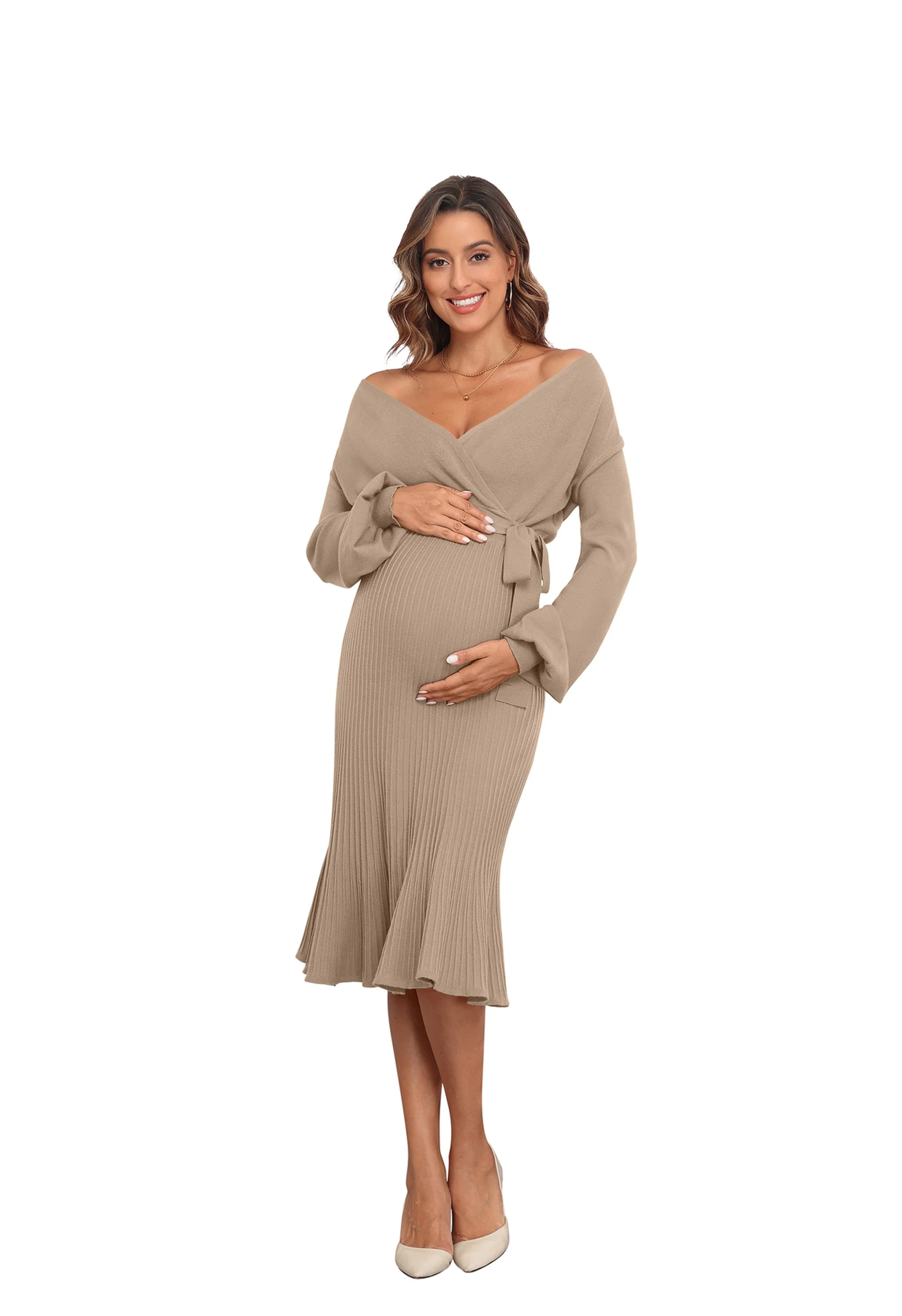 Women's Maternity Knitted Dress Long Sleeve V-Neck Belted Dark Apricot Midi Dress - Image 8