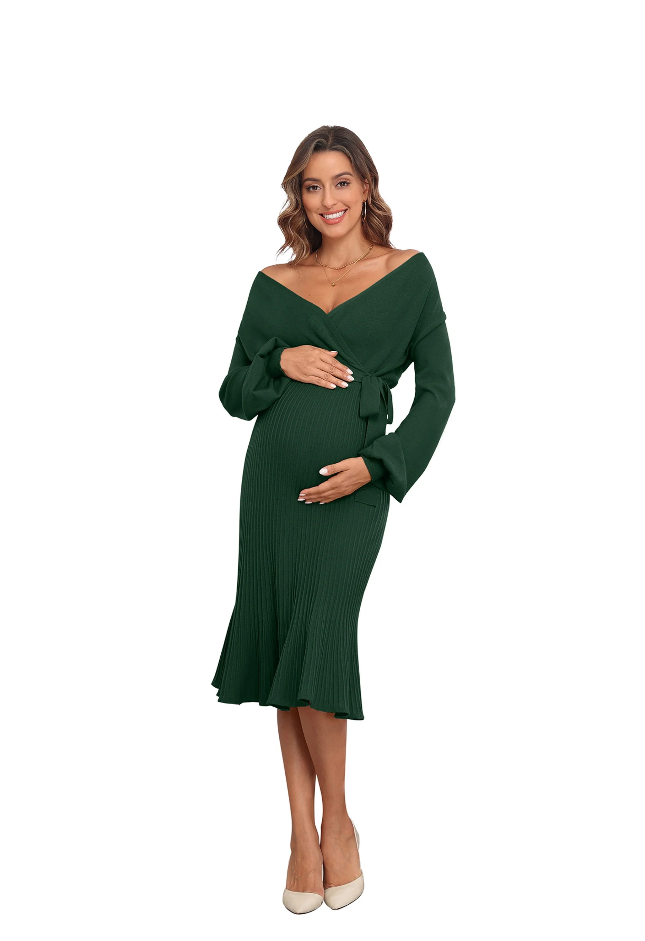 Women's Maternity V-Neck Belted Blue Midi Dress - Image 2