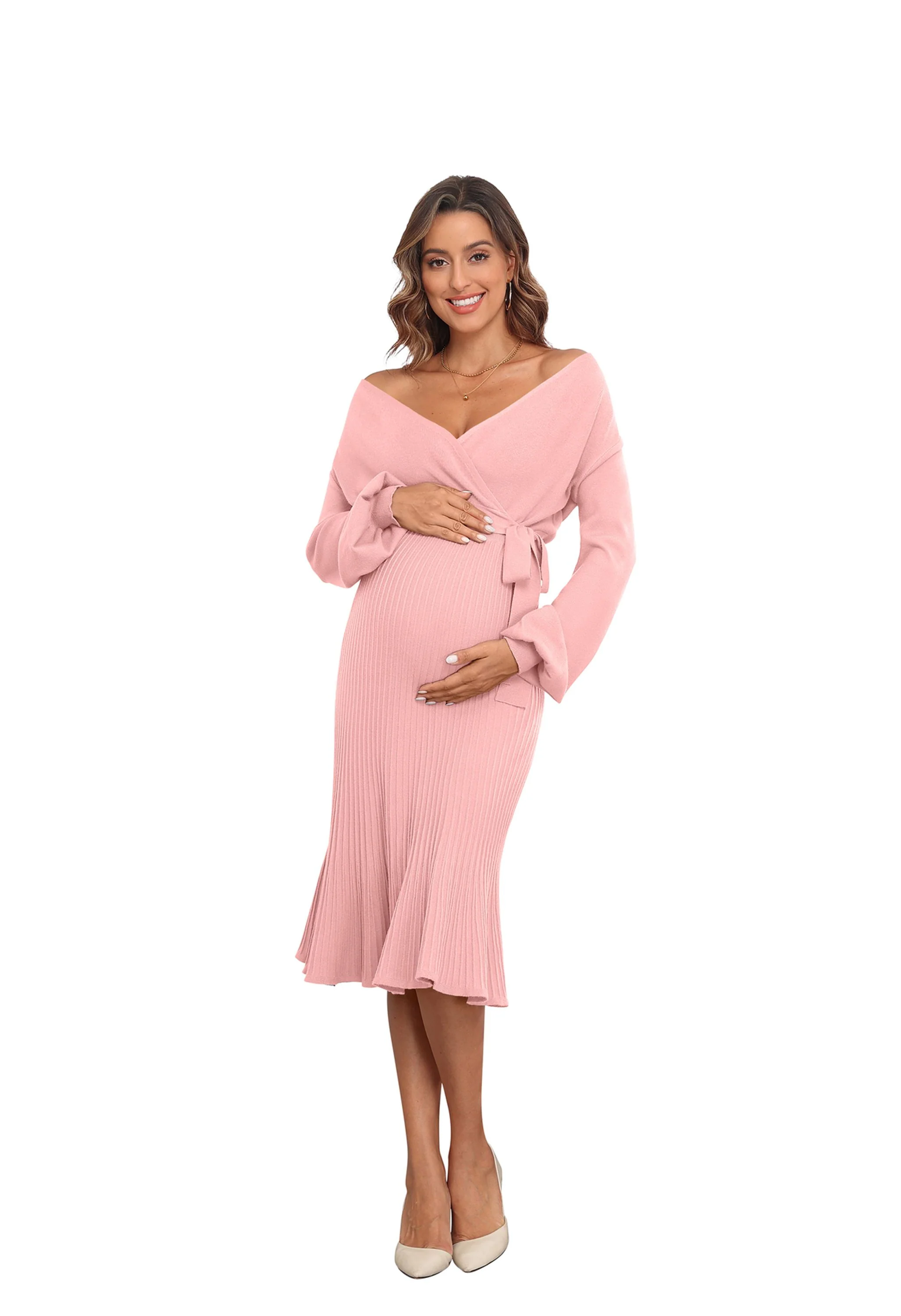 Women's Maternity V-Neck Belted Blue Midi Dress - Image 5