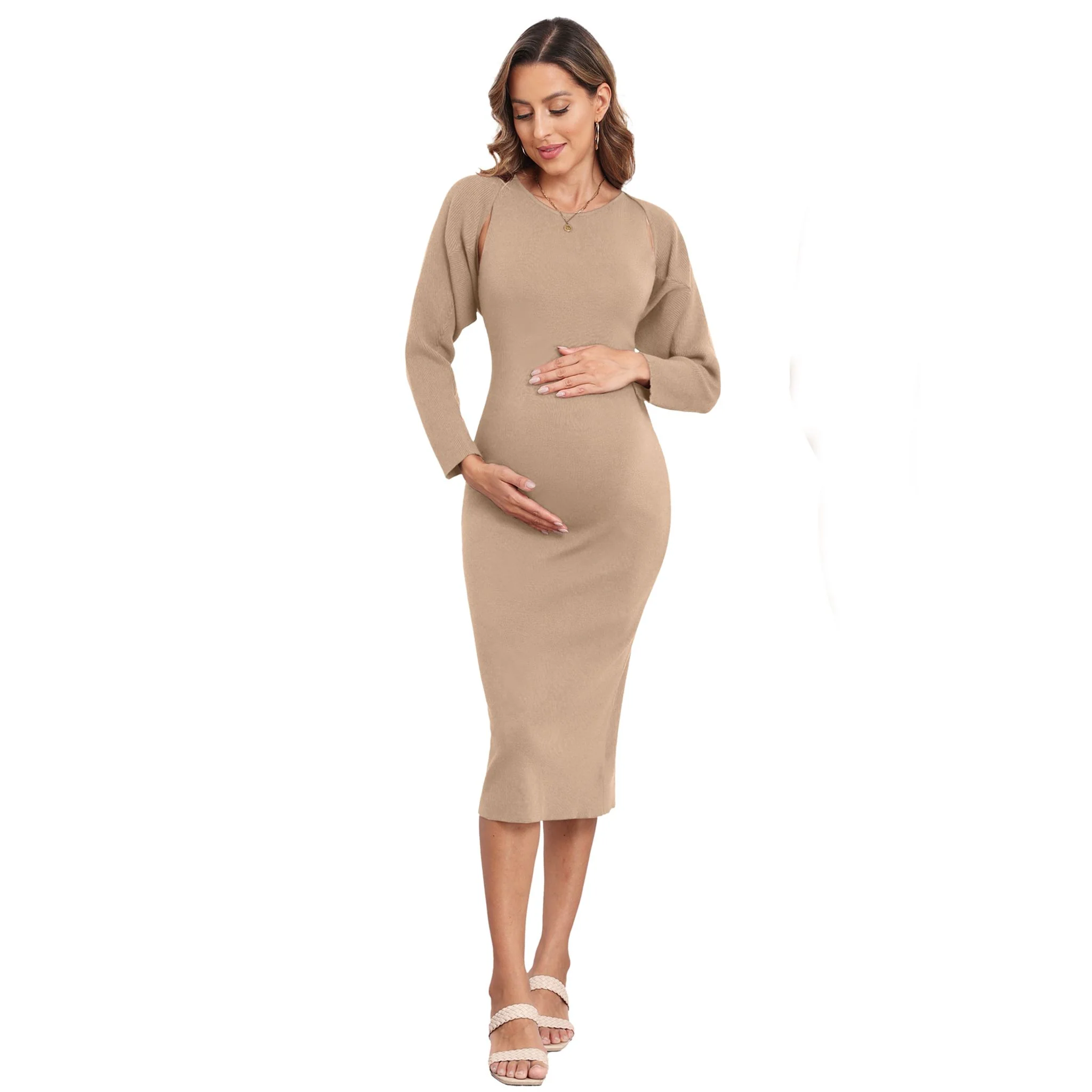 Women's Apricot Maternity Dress Sweater Two Piece Sets - Image 3