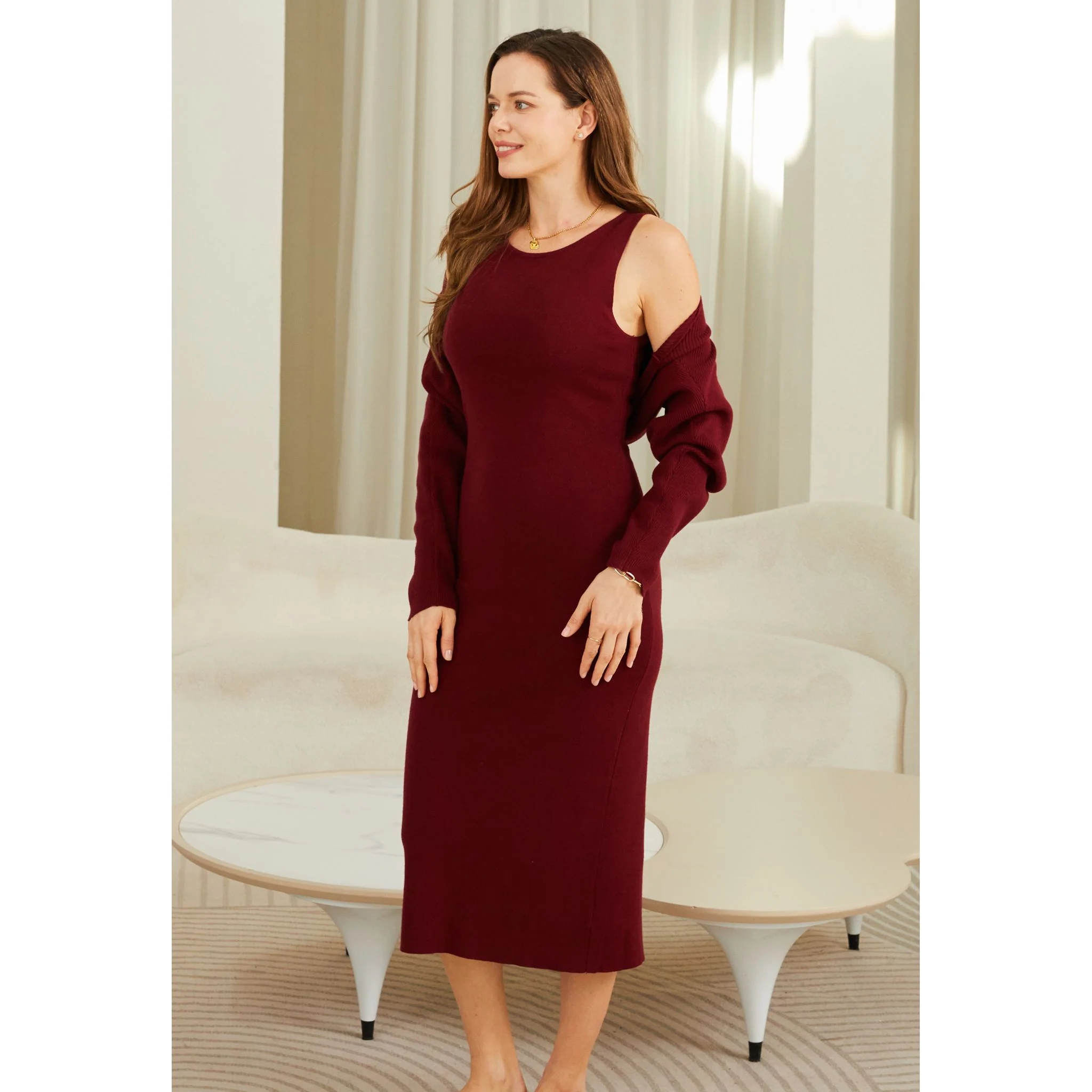 Women's Red Maternity Dress Sweater Two Piece Sets - Image 4