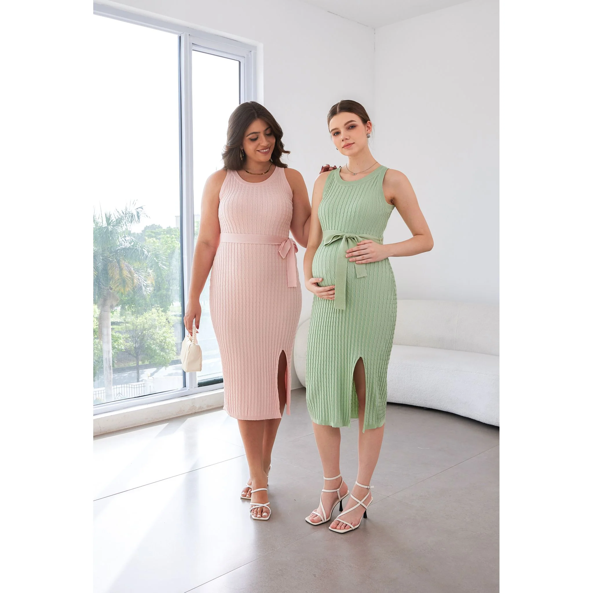 Women's Maternity Cable Knit Dress Sleeveless Belted Split Sage Green Midi Dress - Image 10