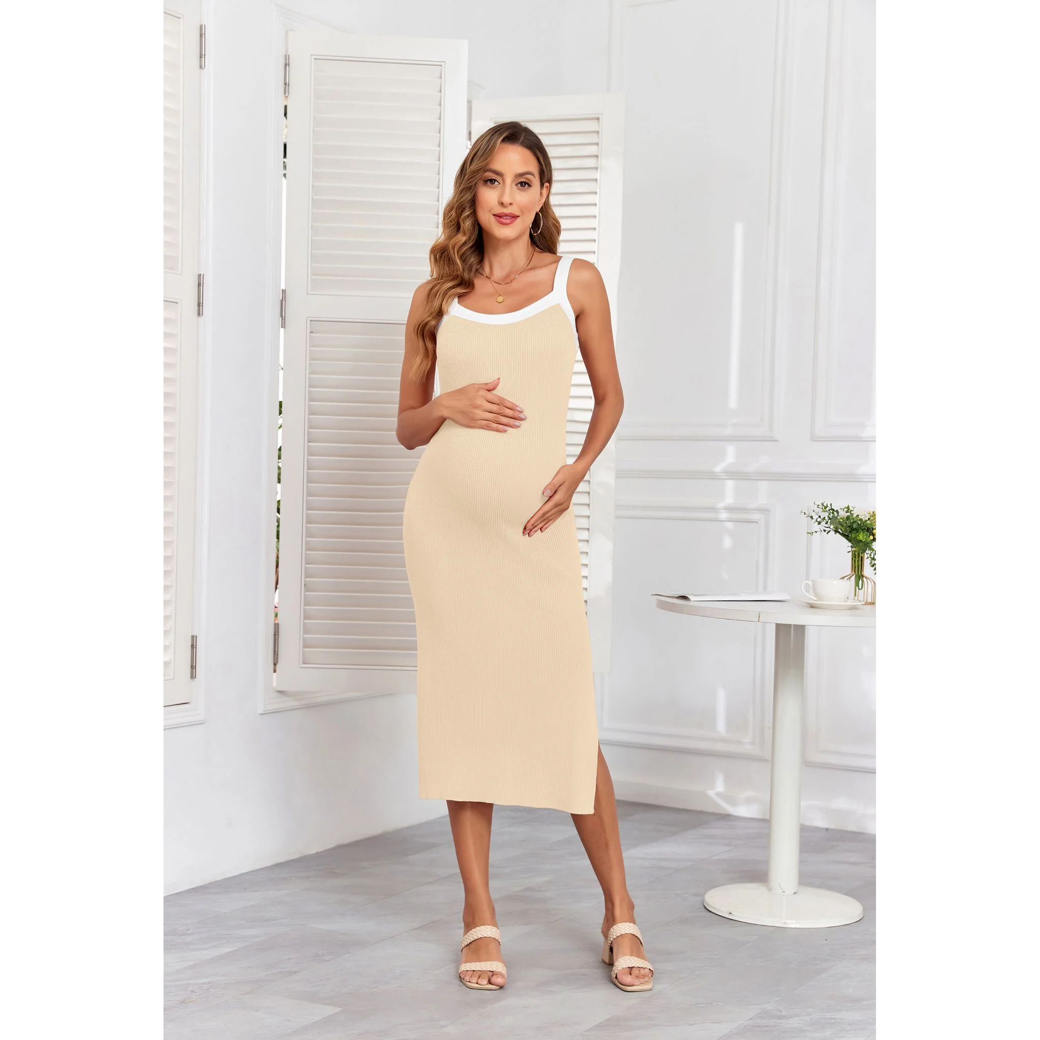 Women's Maternity Bodycon Light Apricot Dress - Image 3