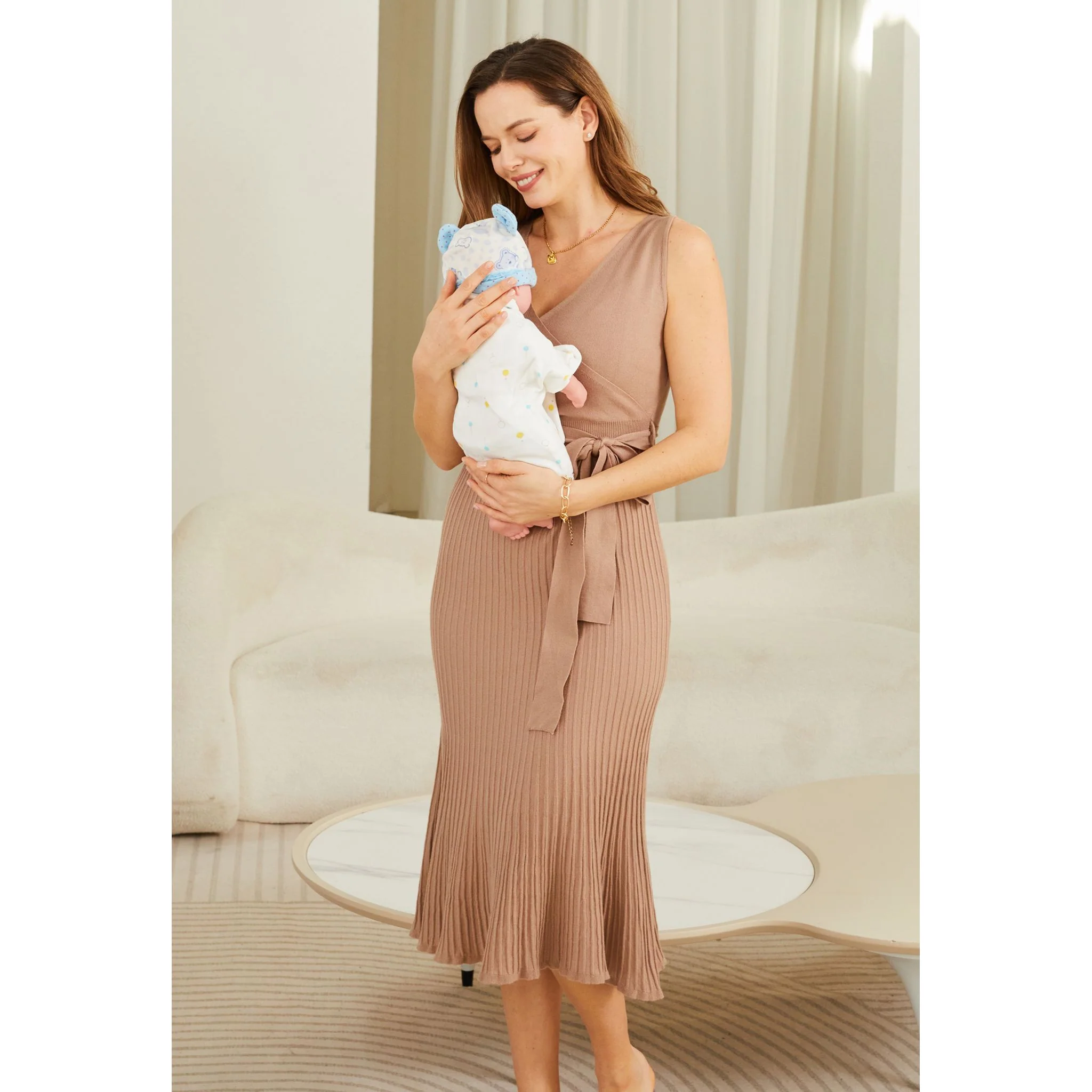 Women's Maternity Sleeveless V-Neck Belted Ribbed Tan Midi Dress - Image 4