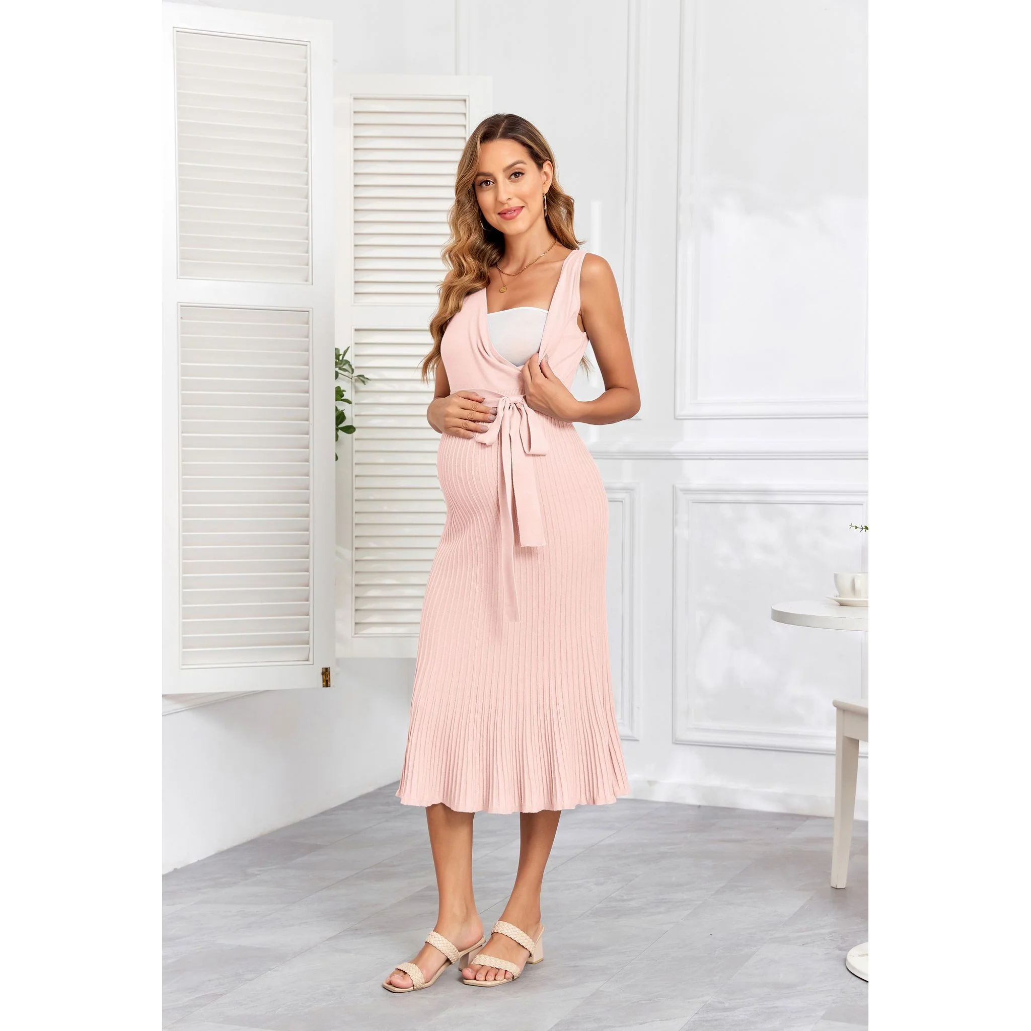 Women's Maternity V-Neck Pink Midi Dress - Image 3