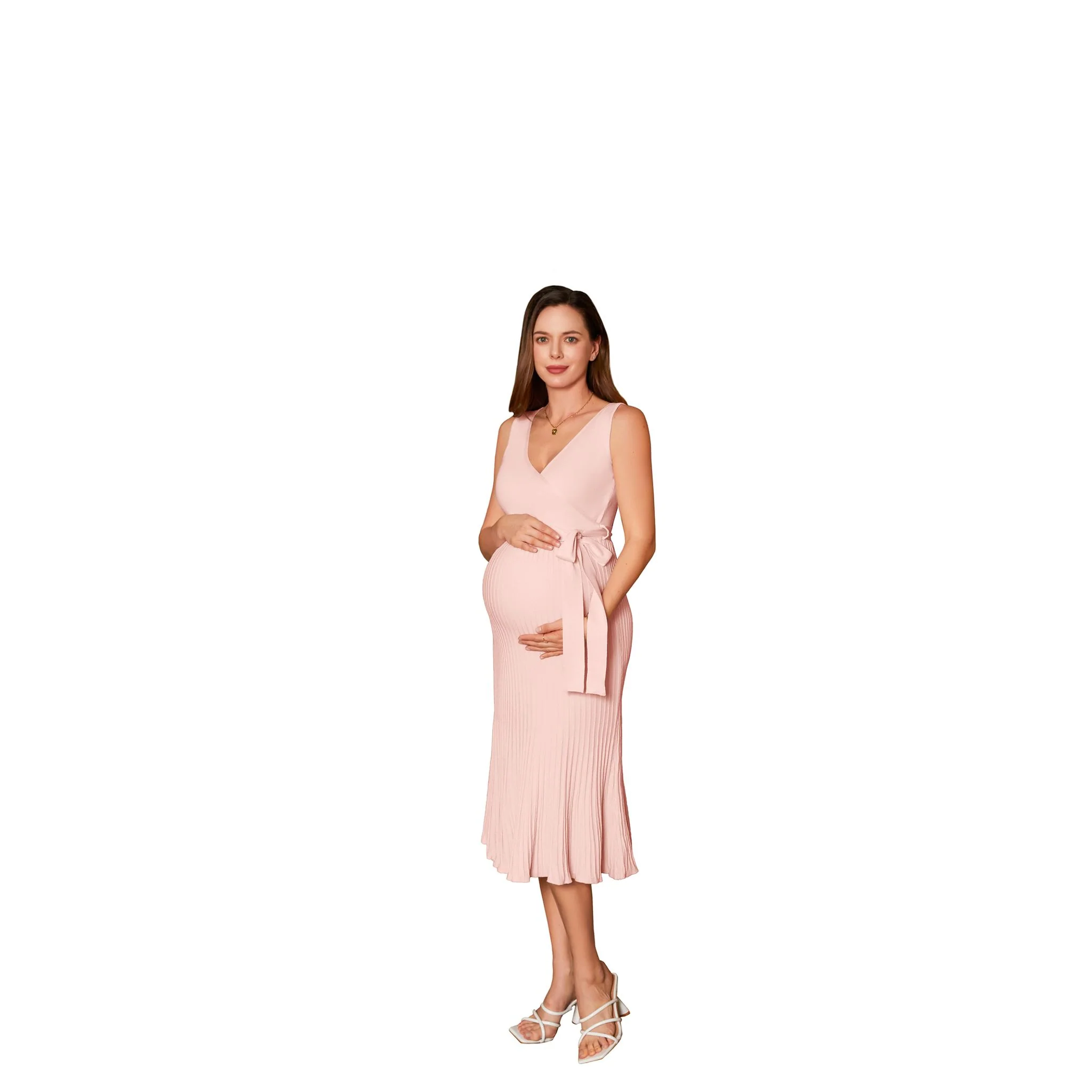 Women's Maternity V-Neck Pink Midi Dress - Image 9