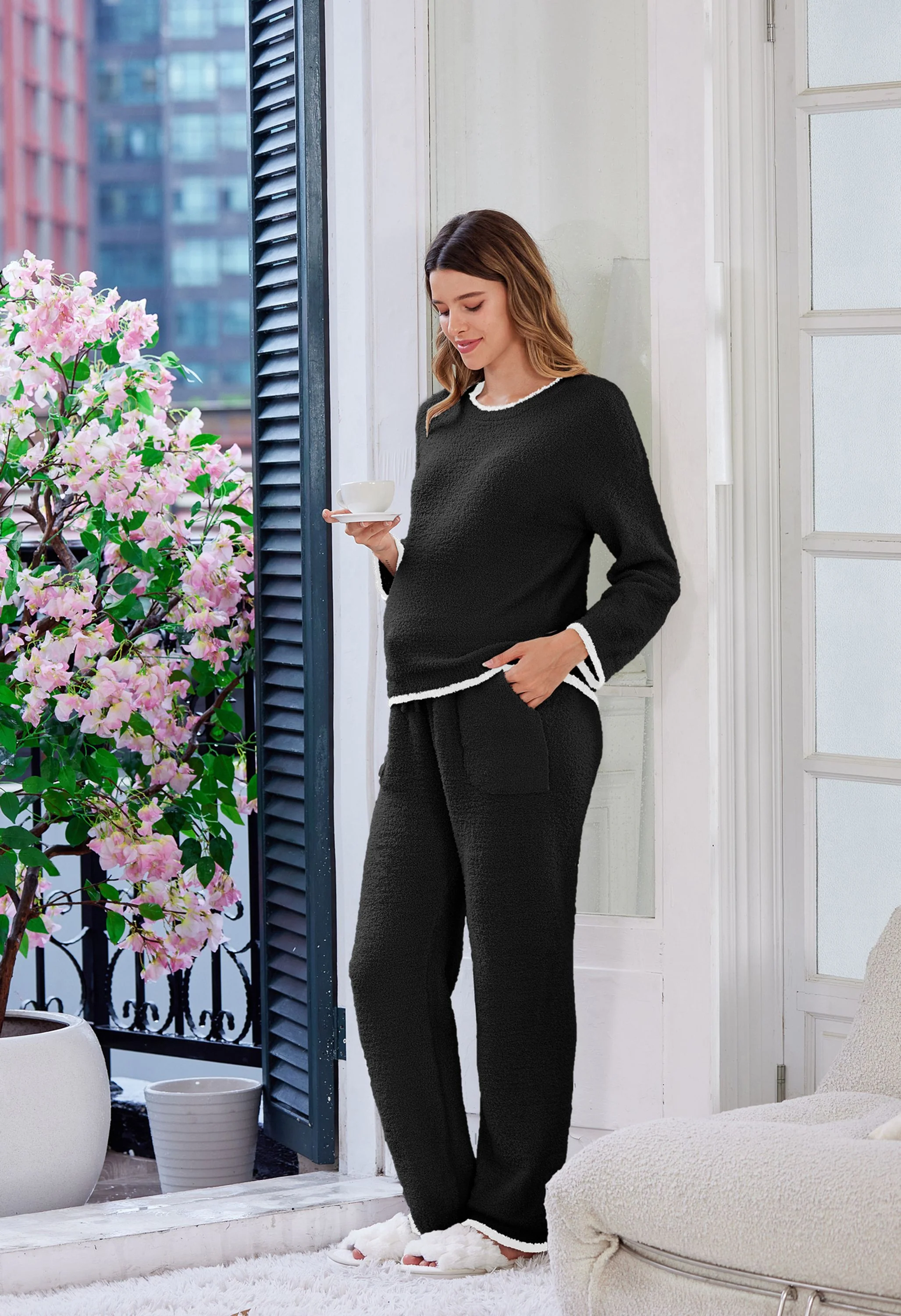 Women's Maternity Purple Pajamas Fleece Postpartum 2 Piece Lounge Set - Image 4