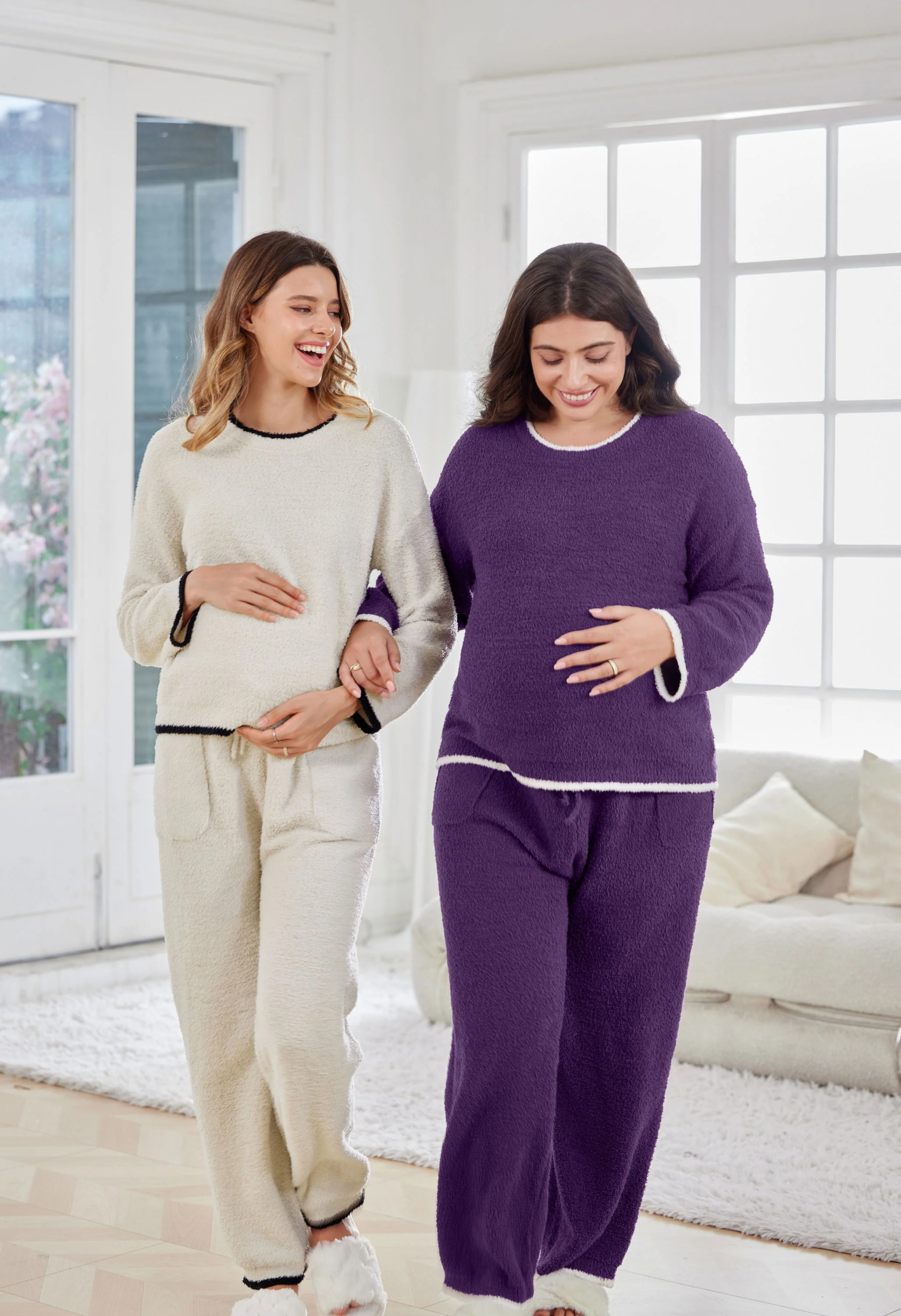 Women's Maternity Purple Pajamas Fleece Postpartum 2 Piece Lounge Set - Image 11