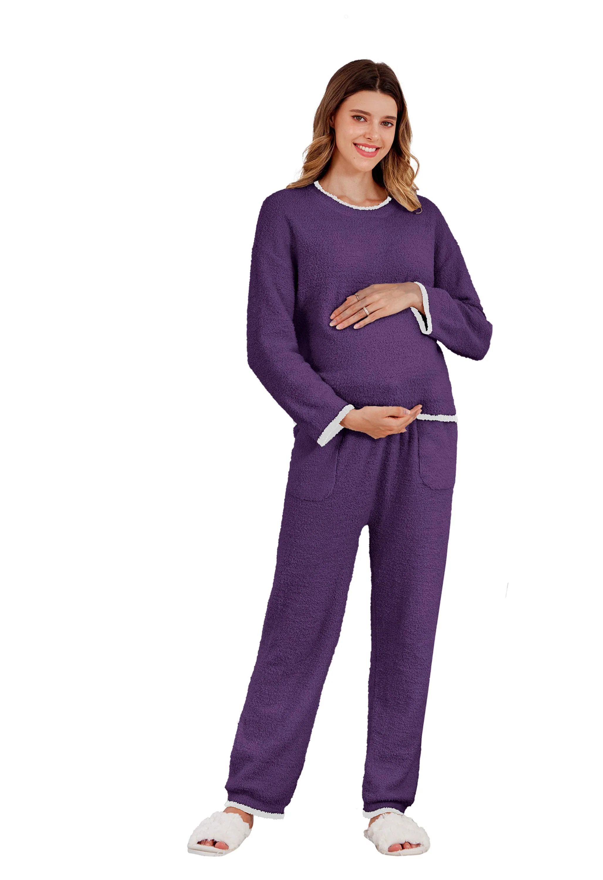 Women's Maternity Purple Pajamas Fleece Postpartum 2 Piece Lounge Set - Image 3