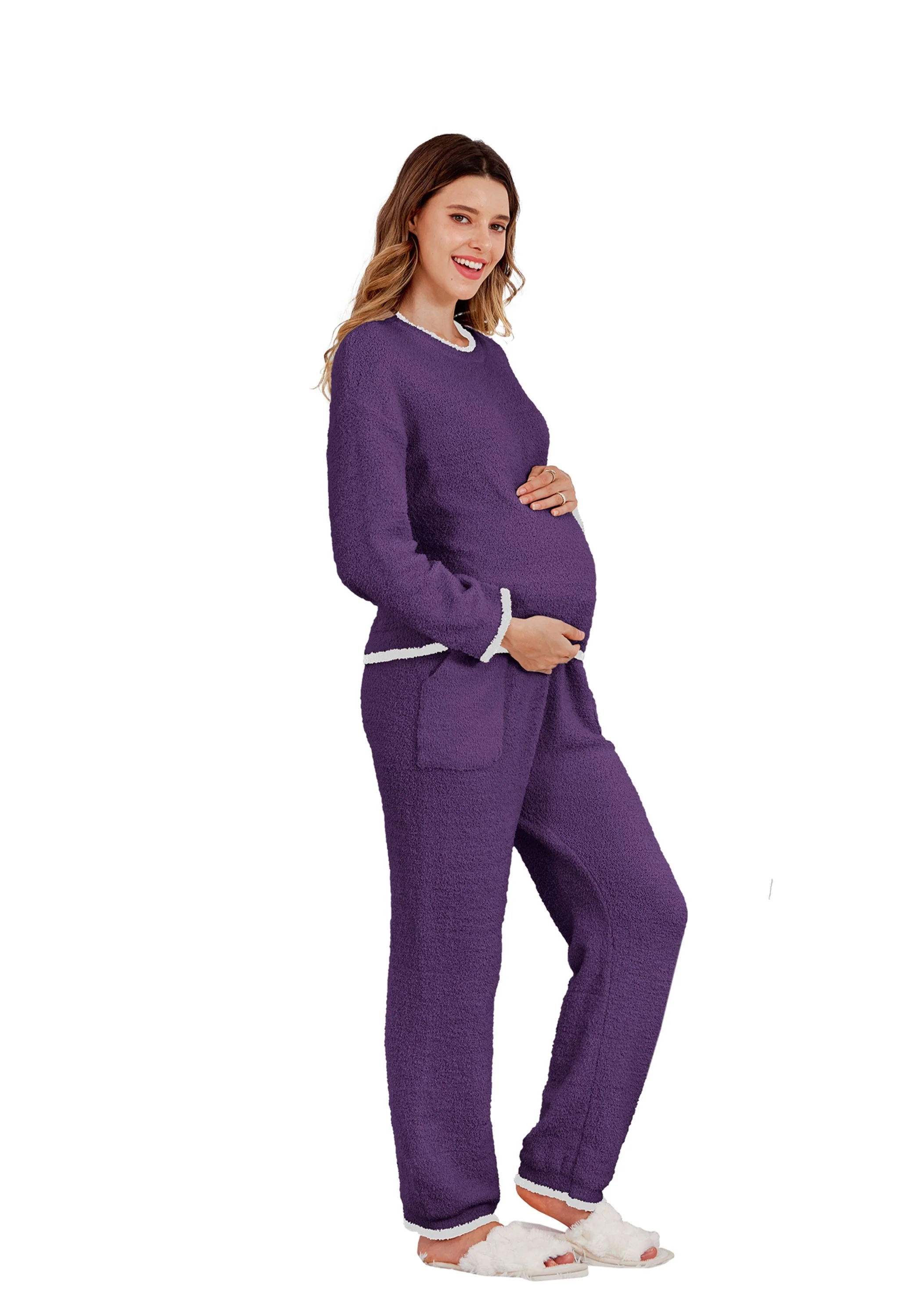 Women's Maternity Purple Pajamas Fleece Postpartum 2 Piece Lounge Set - Image 4