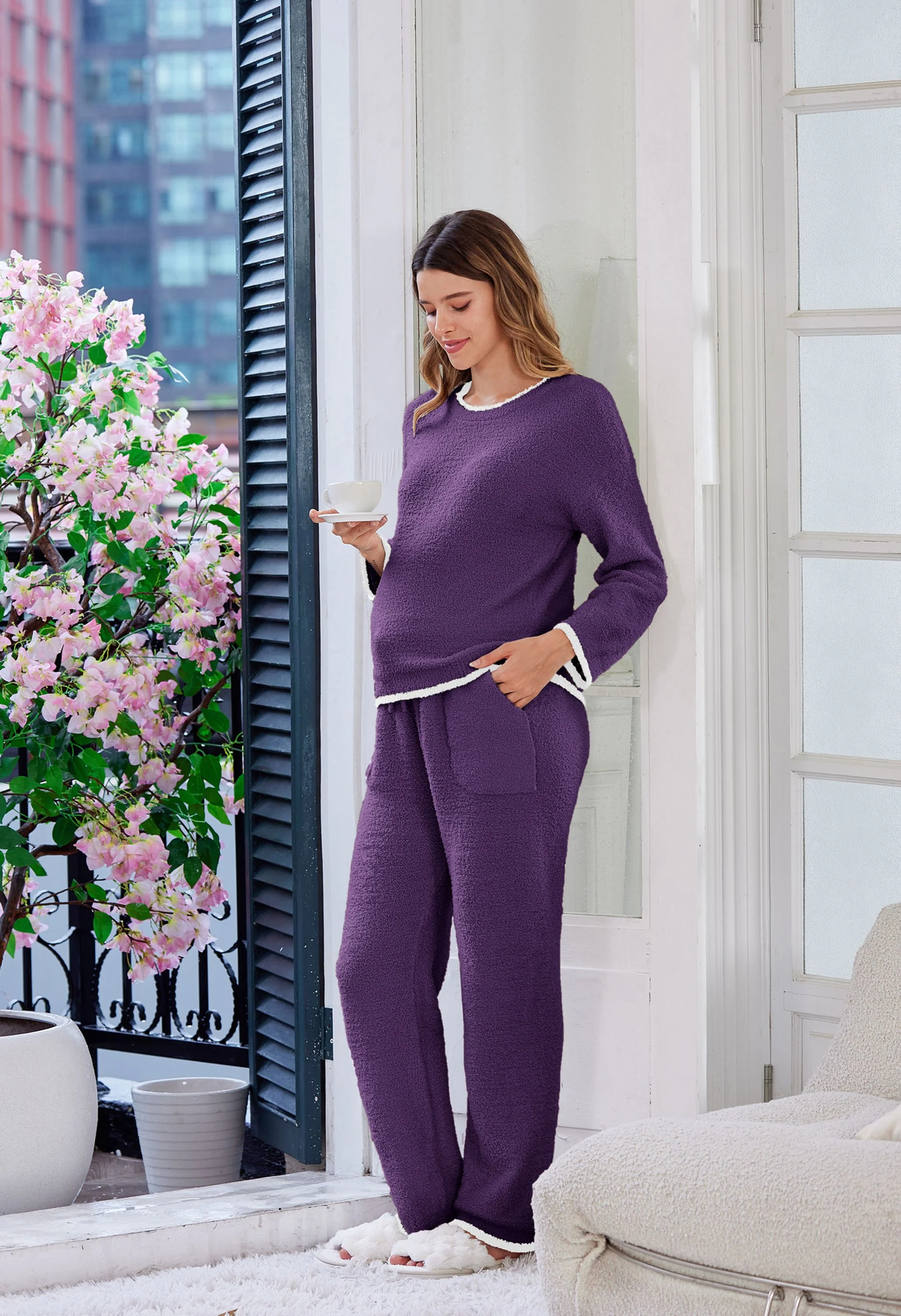 Women's Maternity Purple Pajamas Fleece Postpartum 2 Piece Lounge Set - Image 5