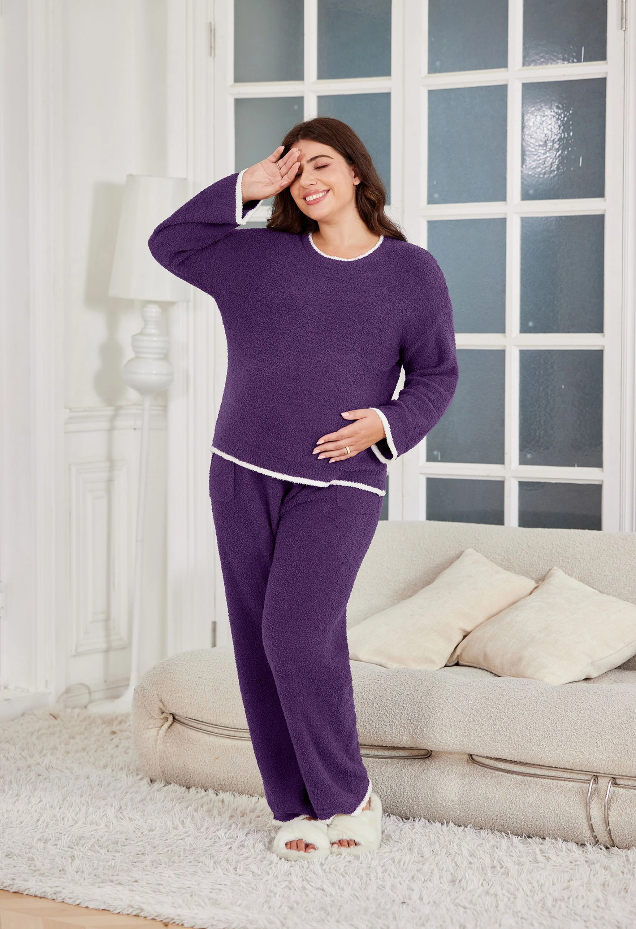 Women's Maternity Purple Pajamas Fleece Postpartum 2 Piece Lounge Set - Image 8